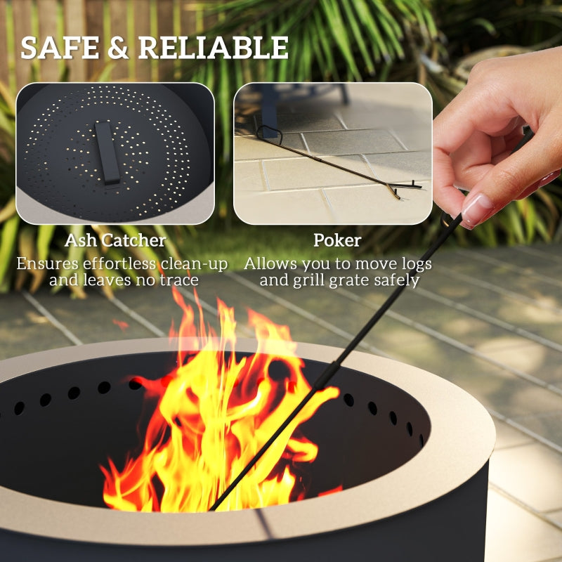 Portable Fire Pit 58cm Round Grill Grate Ash Catcher Poker, Black