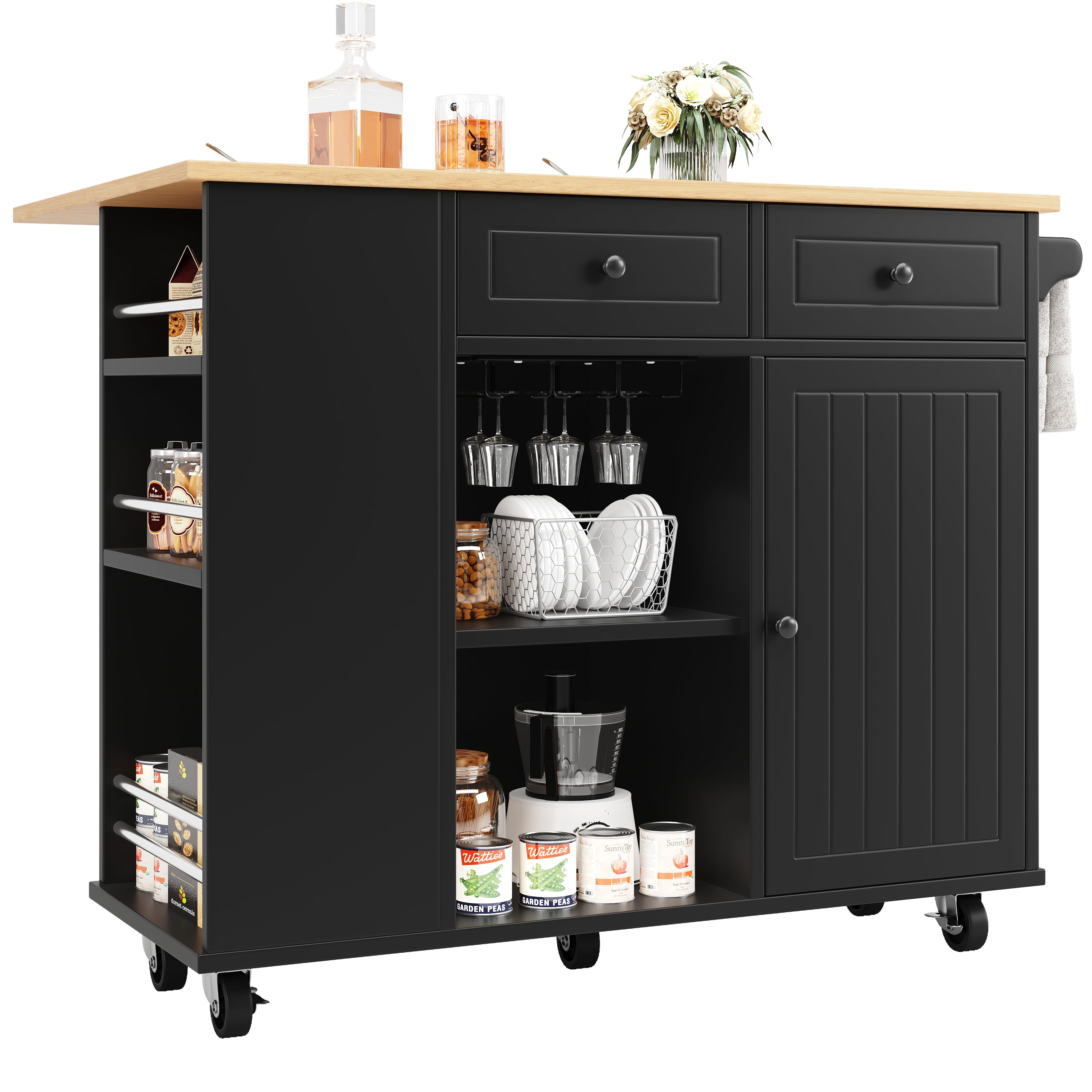 Kitchen Island Mobile Removable Partitions Wine Rack - Black Wood Grain