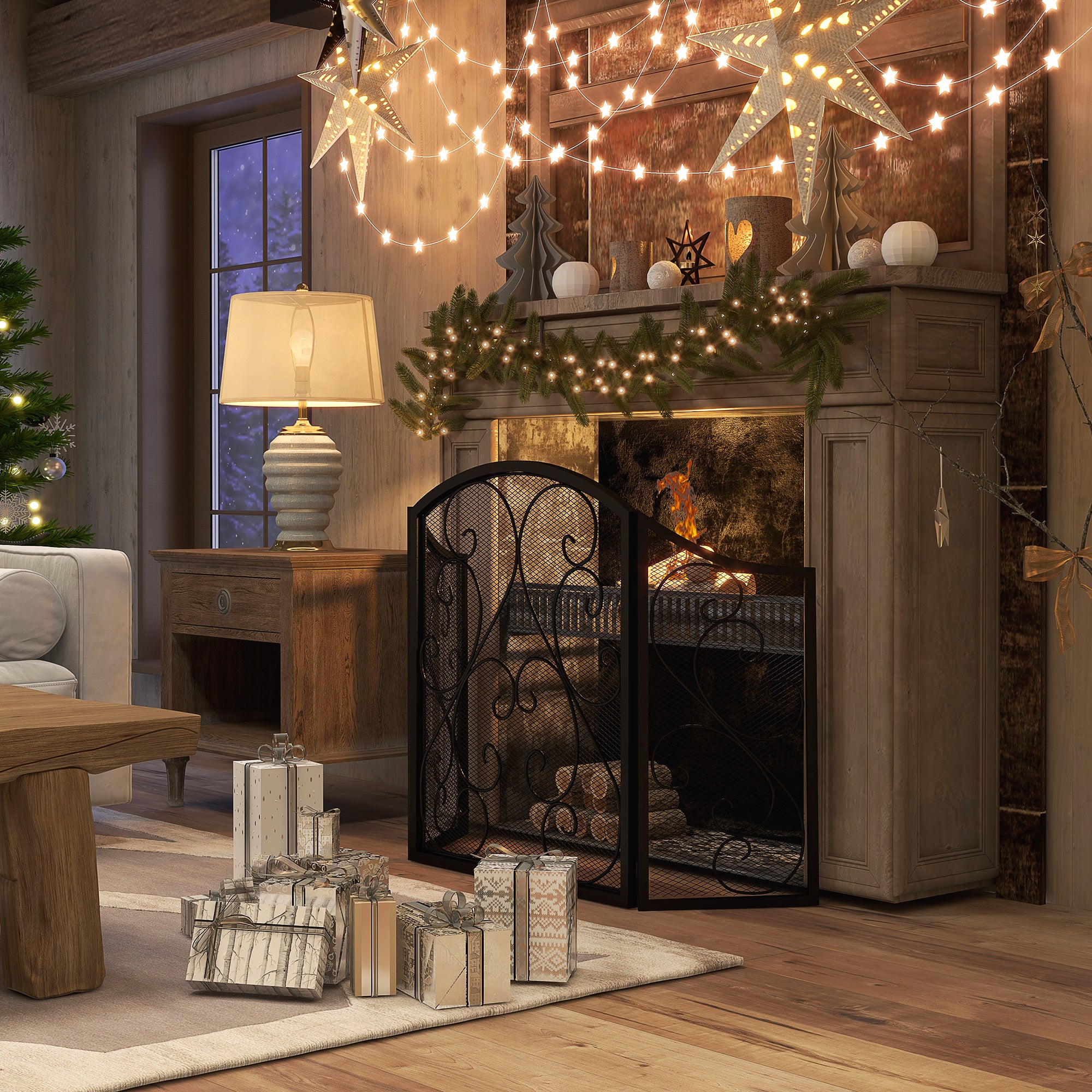 Fireplace Screen Folding 3 Panels Spark Guard Metal Black