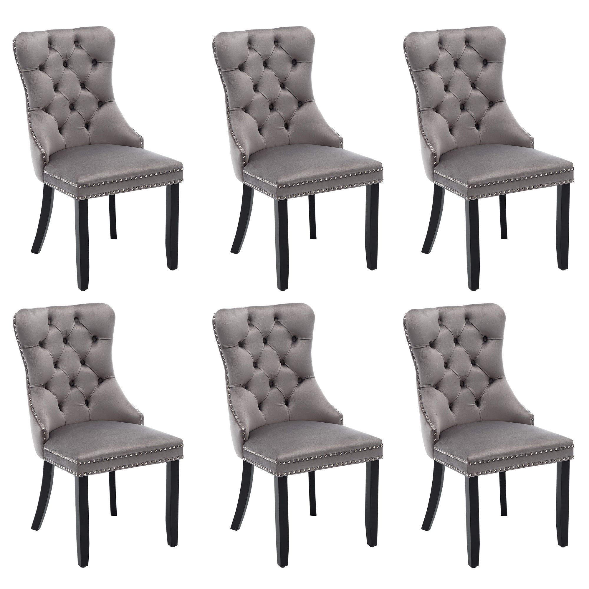 Upholstered Velvet Dining Chairs, Button Tufted with Solid Wood Legs, Riveted Trim & Knocker Ring, Set of 6, Grey