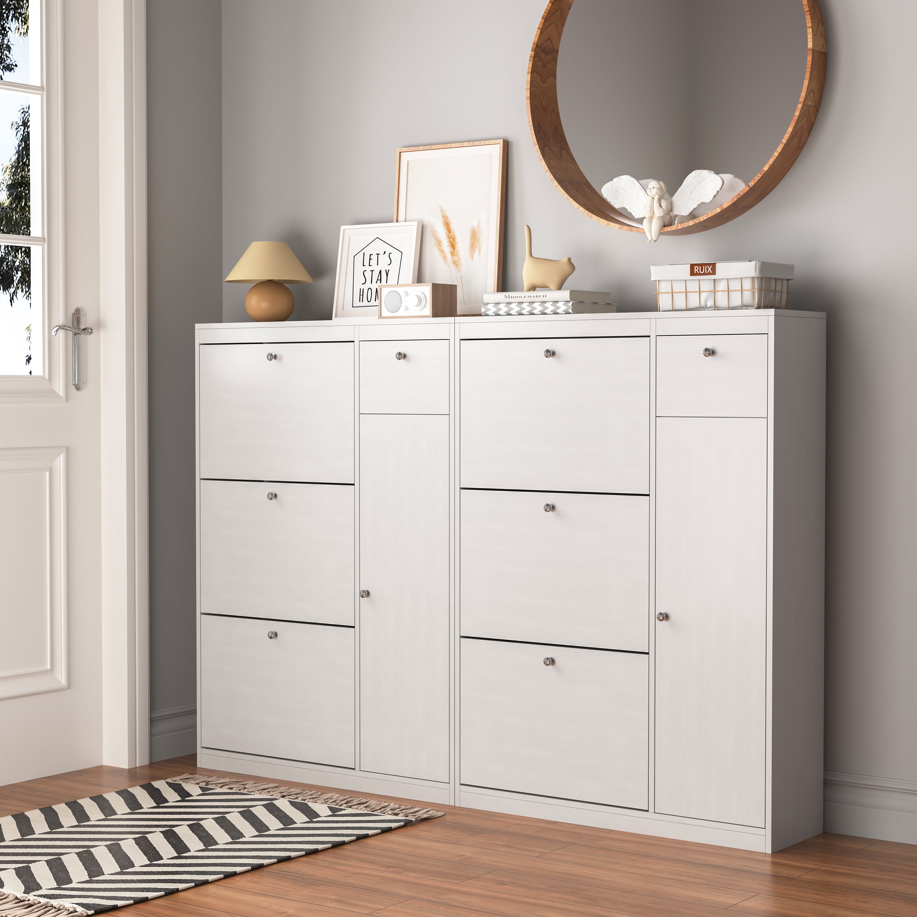Shoe Cabinet with Tilting Function and 3 Fold-Down Drawers, Particleboard