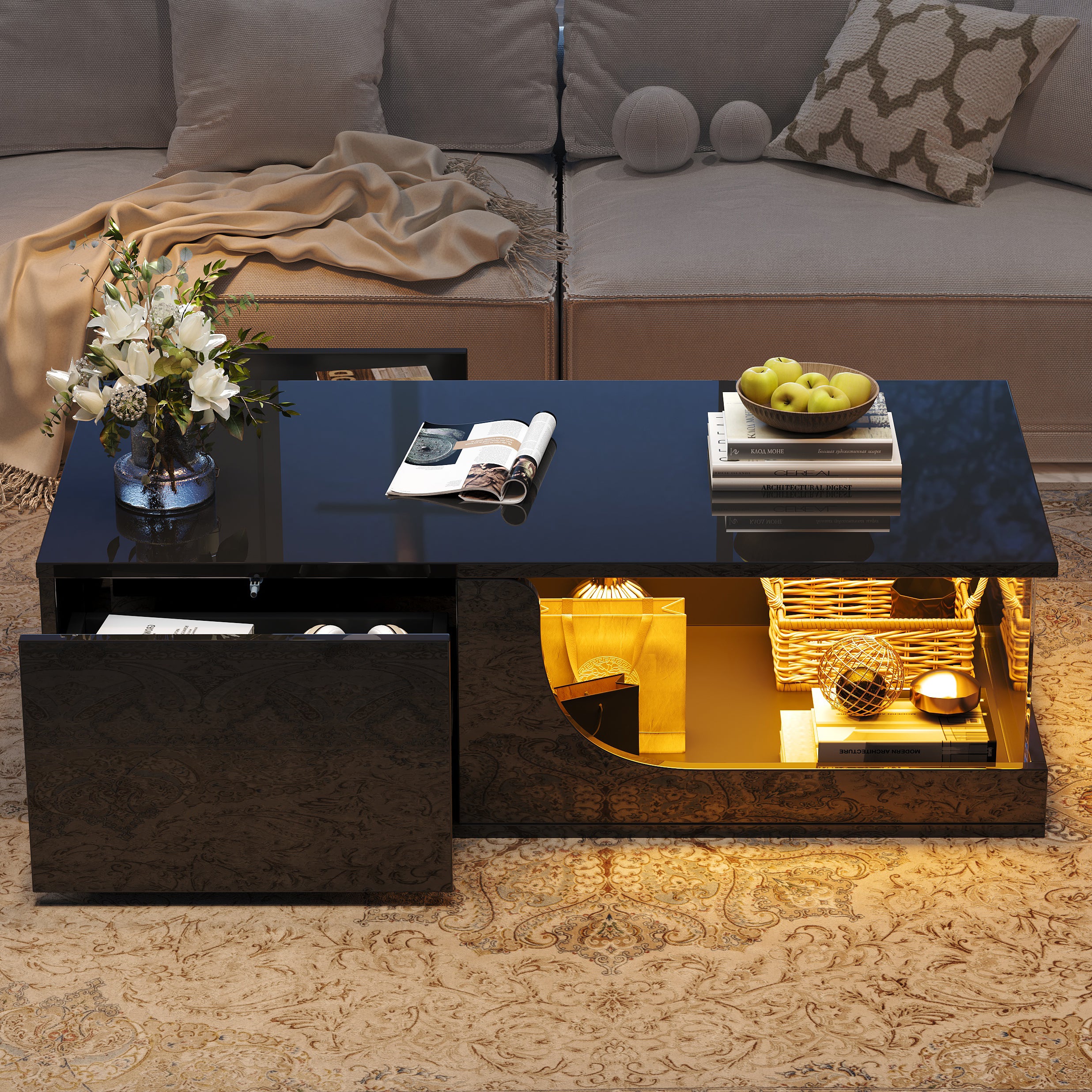Coffee Table, 100x50x30cm, 2-Drawer High-Gloss with LED, Tempered Glass, Black