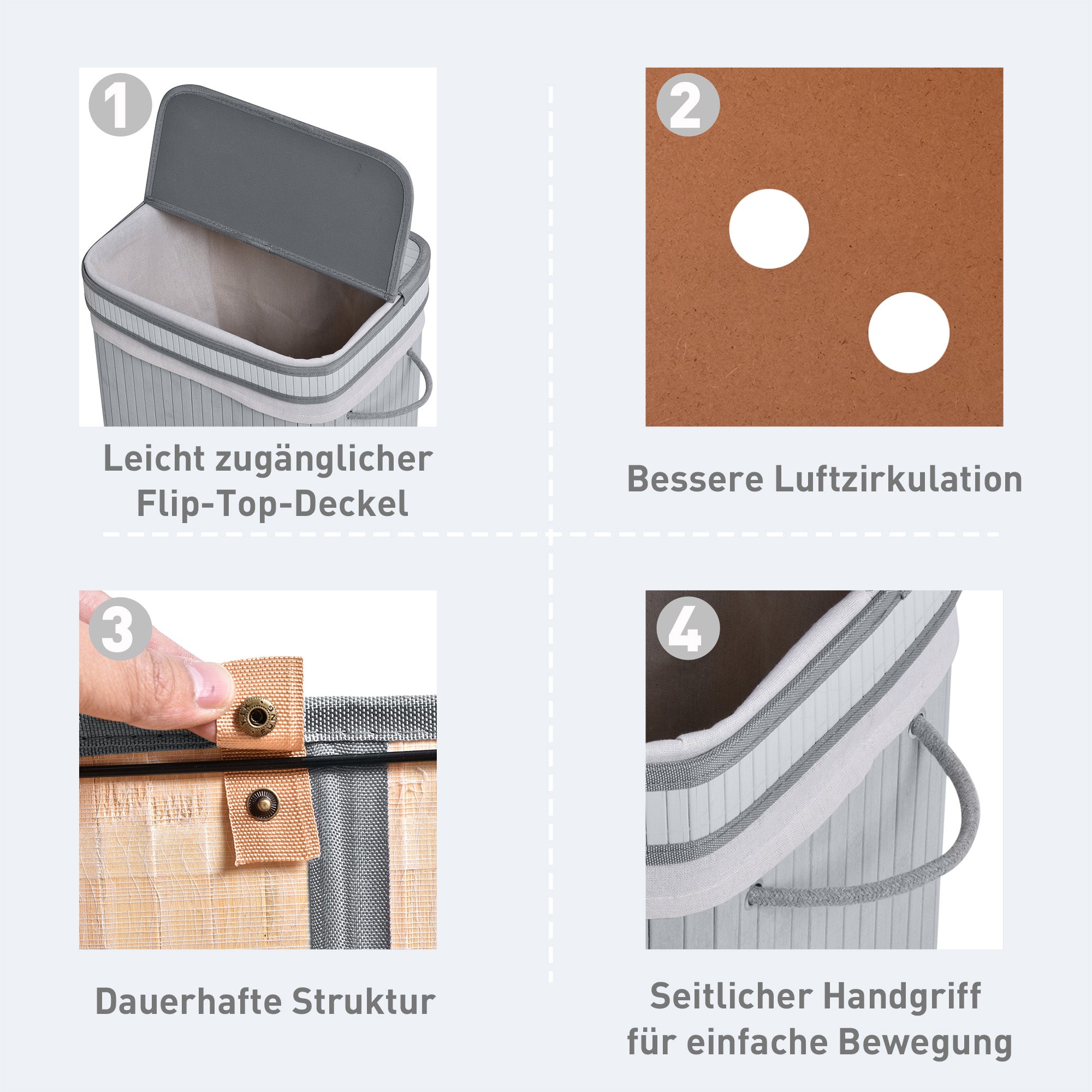 Bamboo Laundry Basket, 70L, Narrow with Lid, Gray