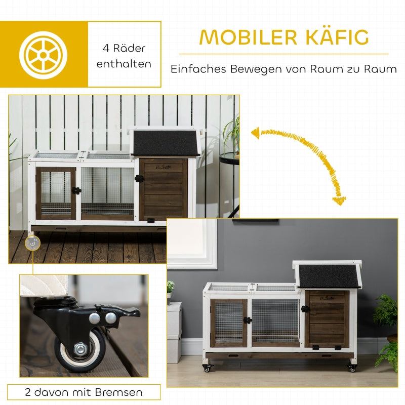 Small Animal Hutch for Dwarf Rabbits, Guinea Pigs, with Wheels, Coffee