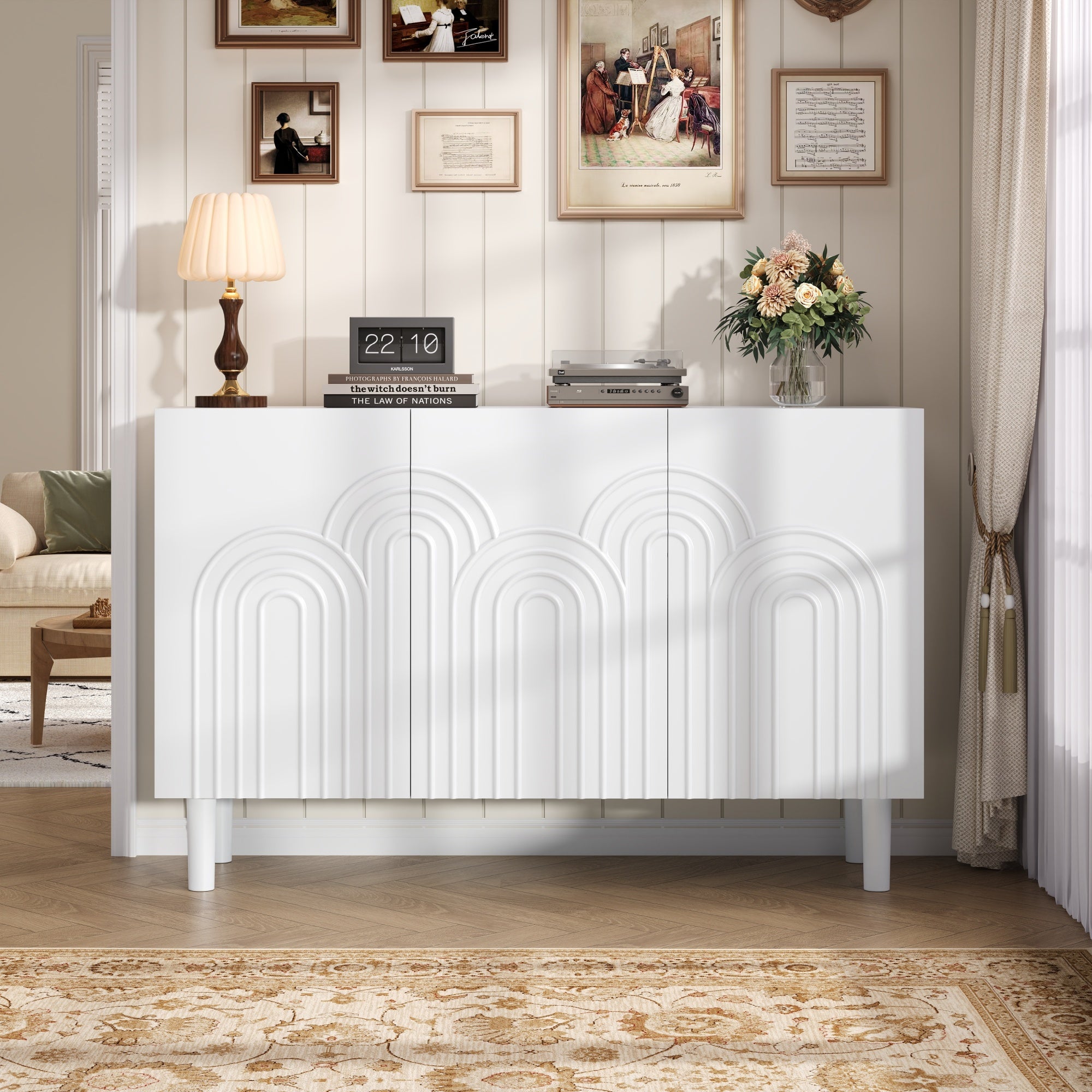Sideboard Cabinet, 3 Doors Large Storage Adjustable Divider, White MDF