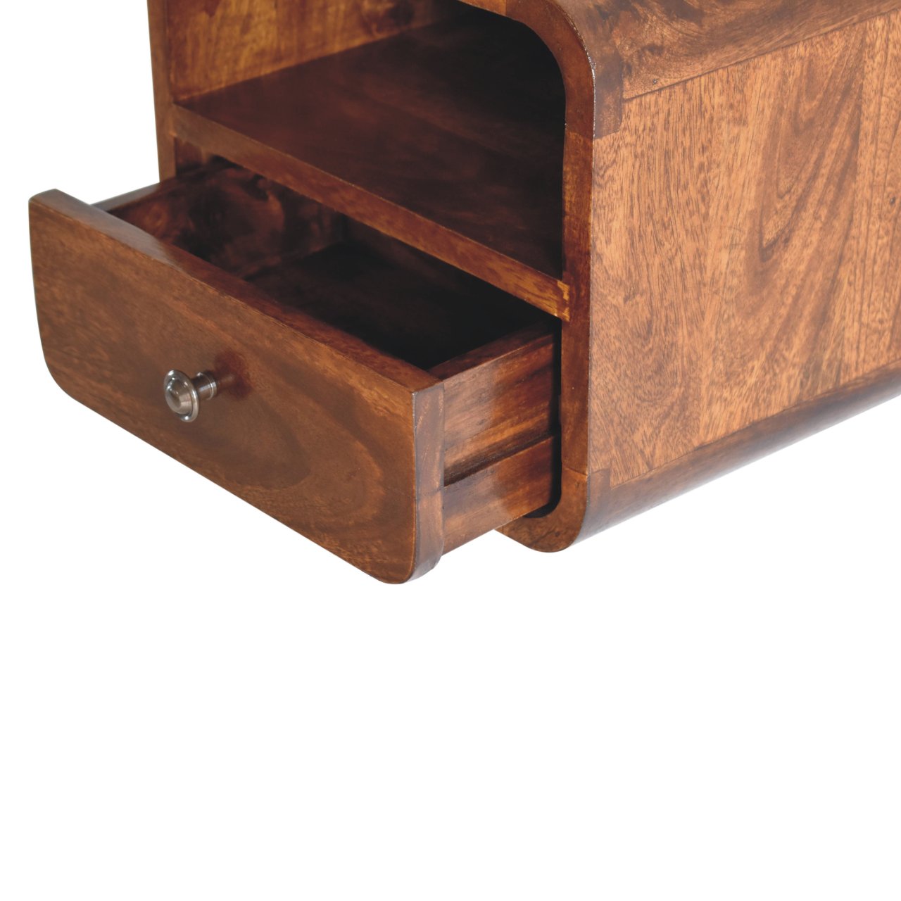 Extra Mini Bedside, Wall Mounted Curved 1 Drawer Open Slot, Solid Wood Dark Brown