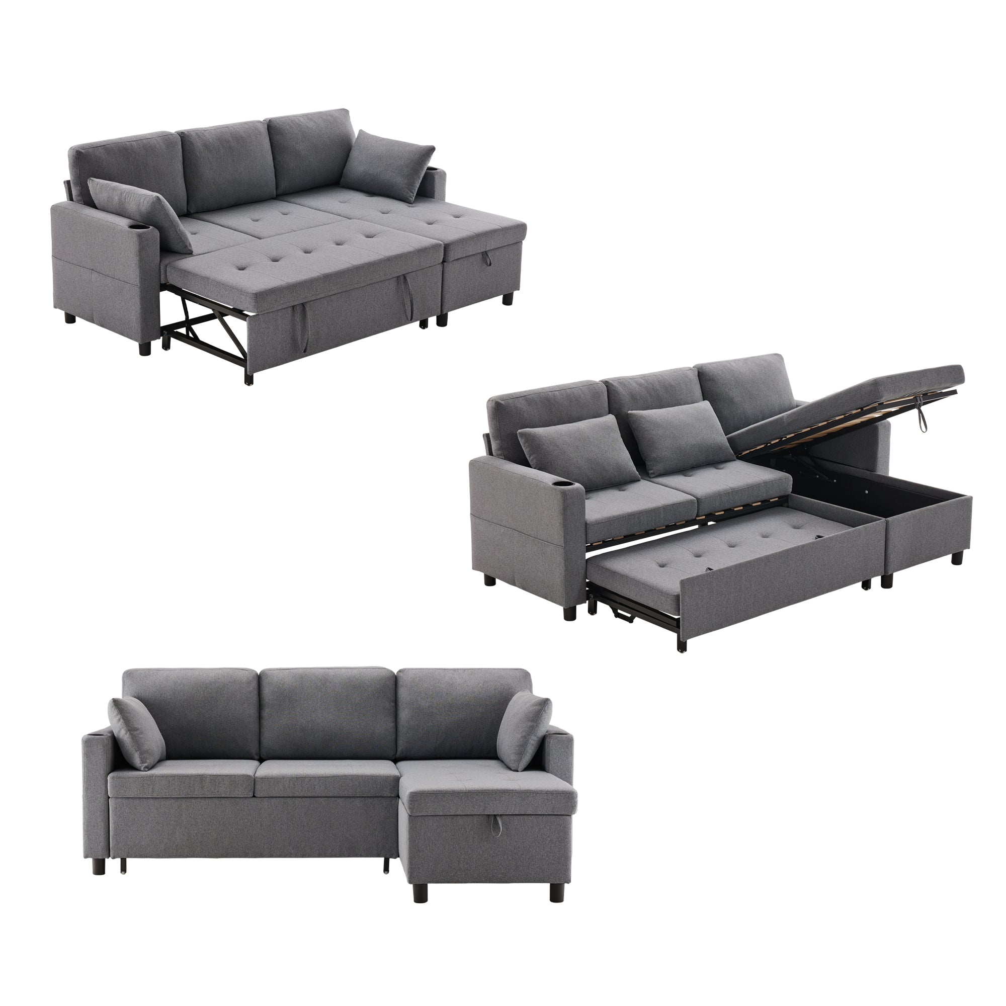 Sofa Bed L-Shaped Corner Sofa 3 Seater Pull Out with Storage, Grey