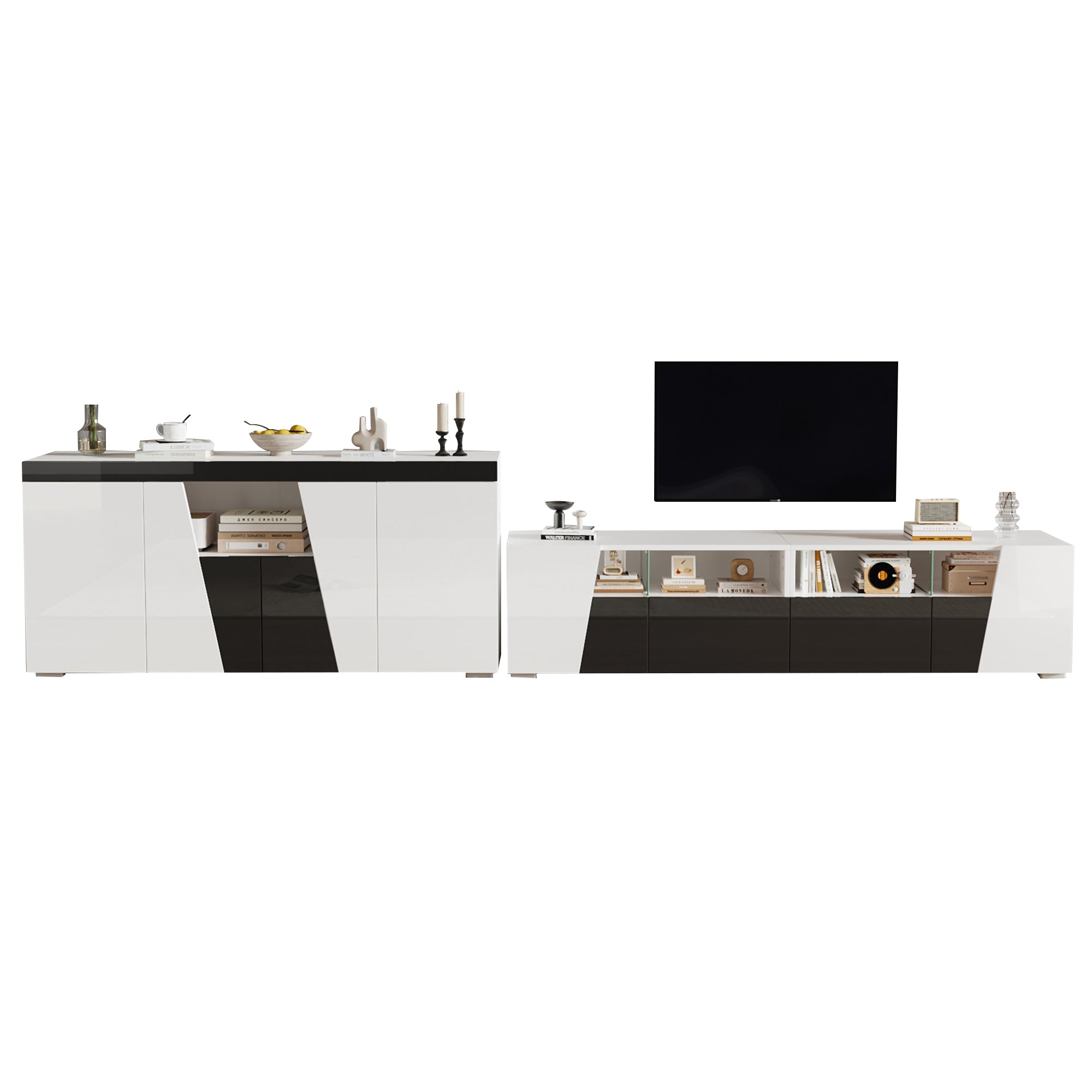 TV Cabinet and Sideboard Set High-Gloss LED Lowboard - Black and White