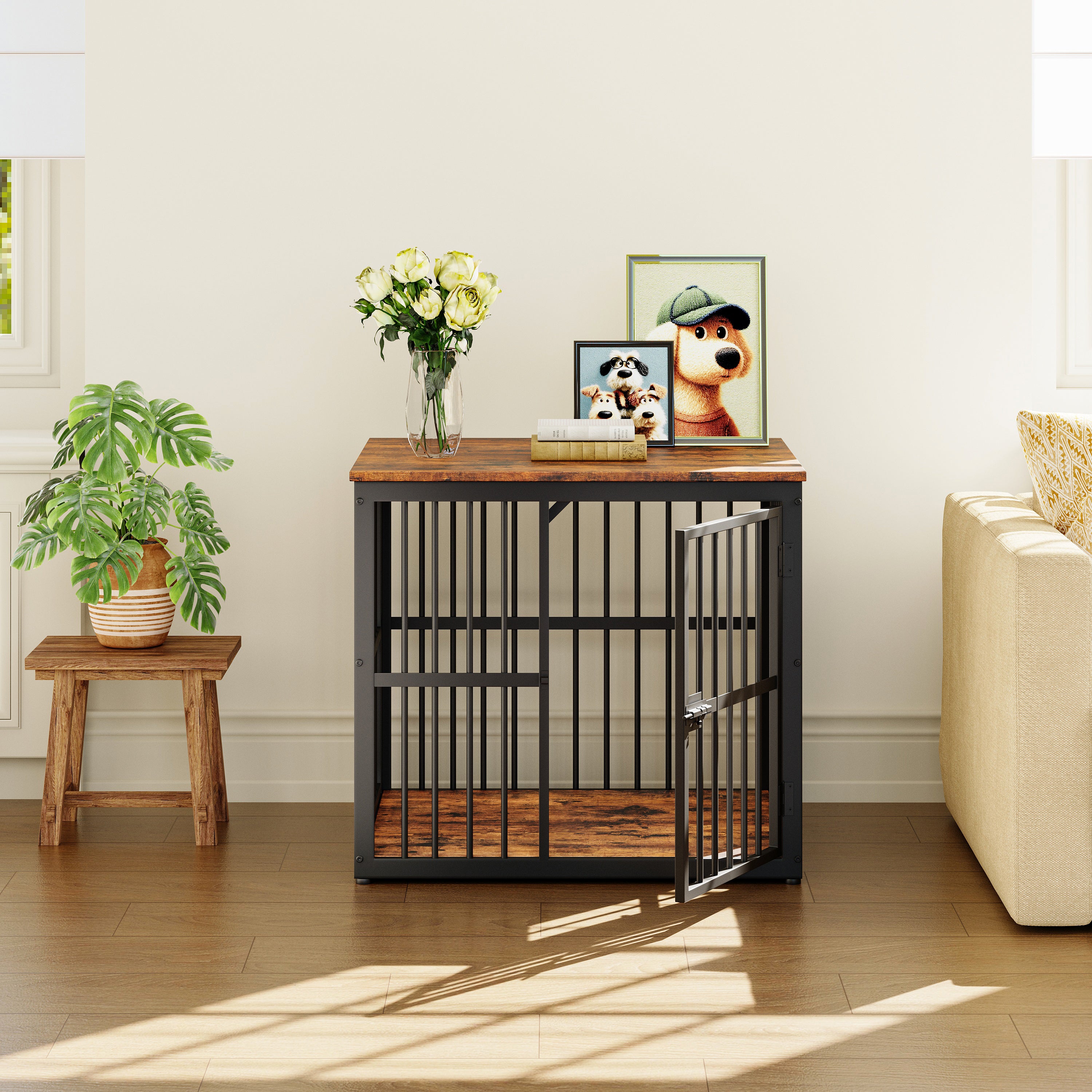 Modular Dog Crate Furniture 3 Doors Waterproof Top 2-in-1 Side Table Stackable - Retro Brown