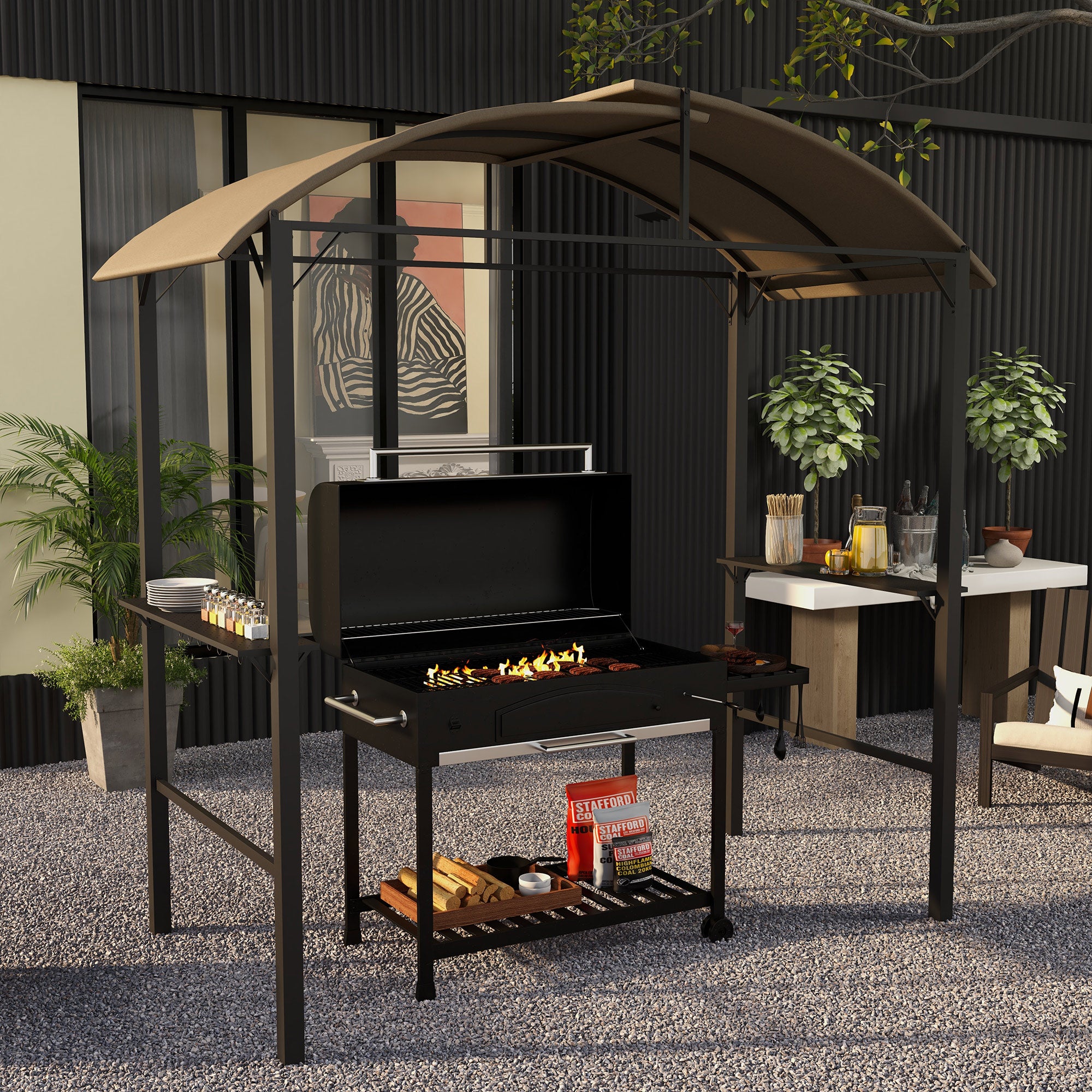 BBQ Grill Pavilion 1.1 x 2.3m Weatherproof Polyester Roof Side Shelves Khaki Steel