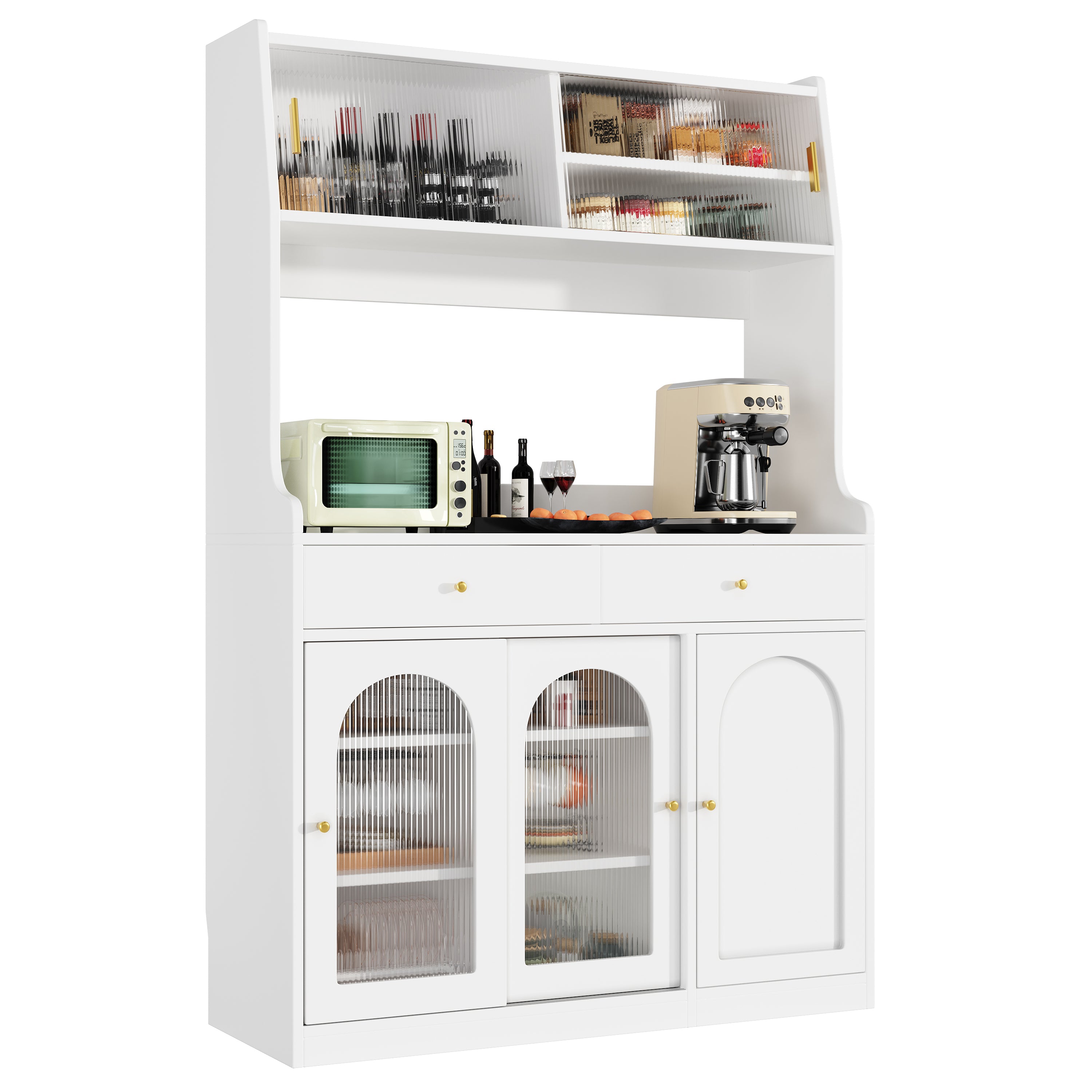 Tall Kitchen Cabinet Buffet Sideboard, Display Storage Adjustable Shelves 2 Drawers LED Lighting - White