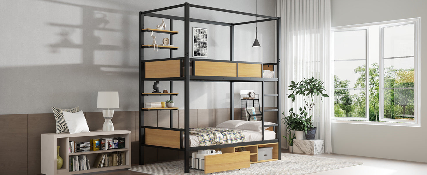 Bunk Bed, Iron & MDF, Double Shelf, Under Bed Storage, Black & Natural