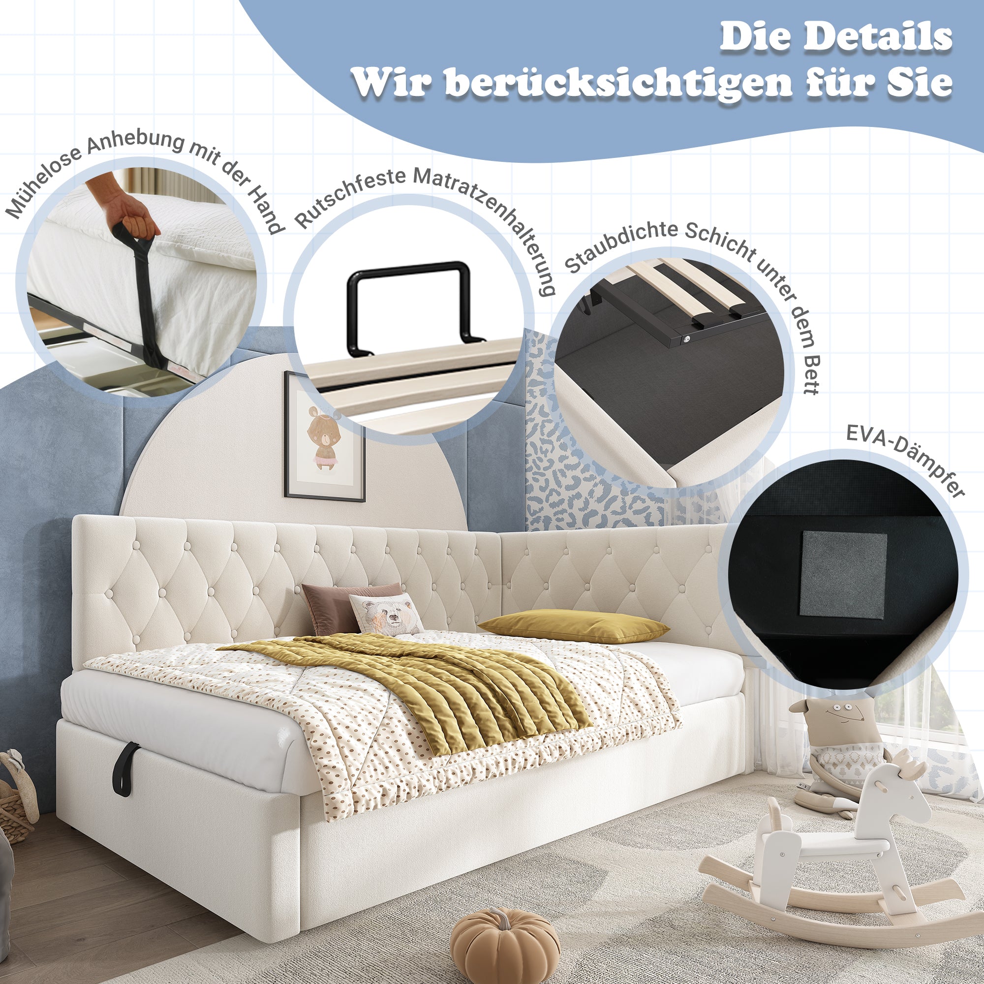 Upholstered Bed, Daybed 90x200cm with Hydraulic Storage, Wooden Slatted Frame, Beige Velvet