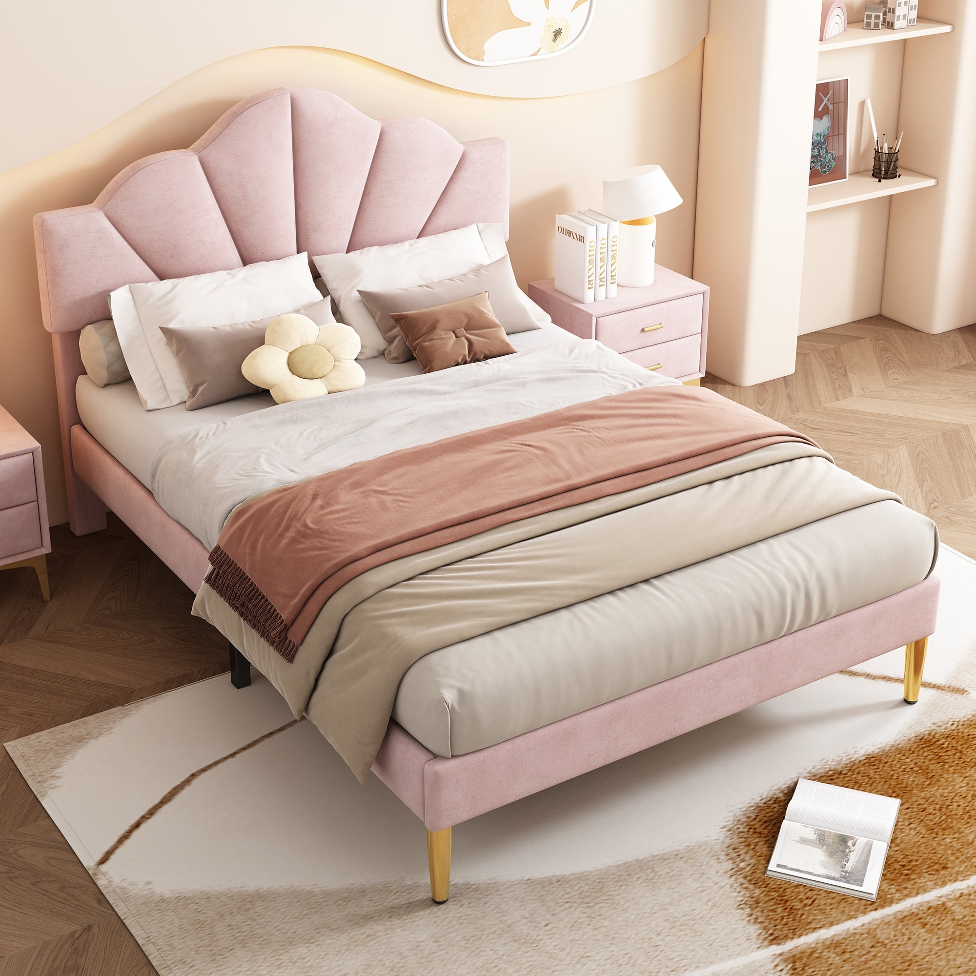 Velvet Upholstered Bed, King Size (150x200cm), Shell-Like Headboard with Golden Iron Legs, Adjustable Height, Wooden Slats, Pink