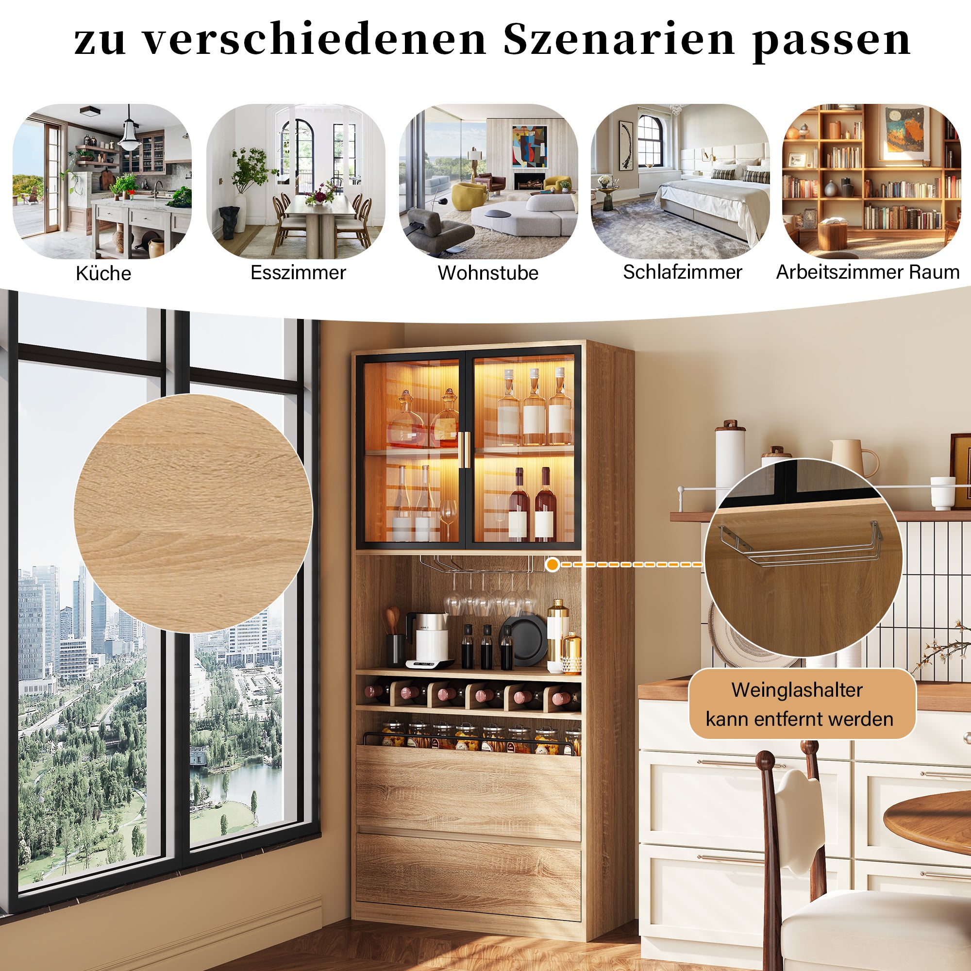 Display Cabinet with Glass Doors, Lighting - 180cm