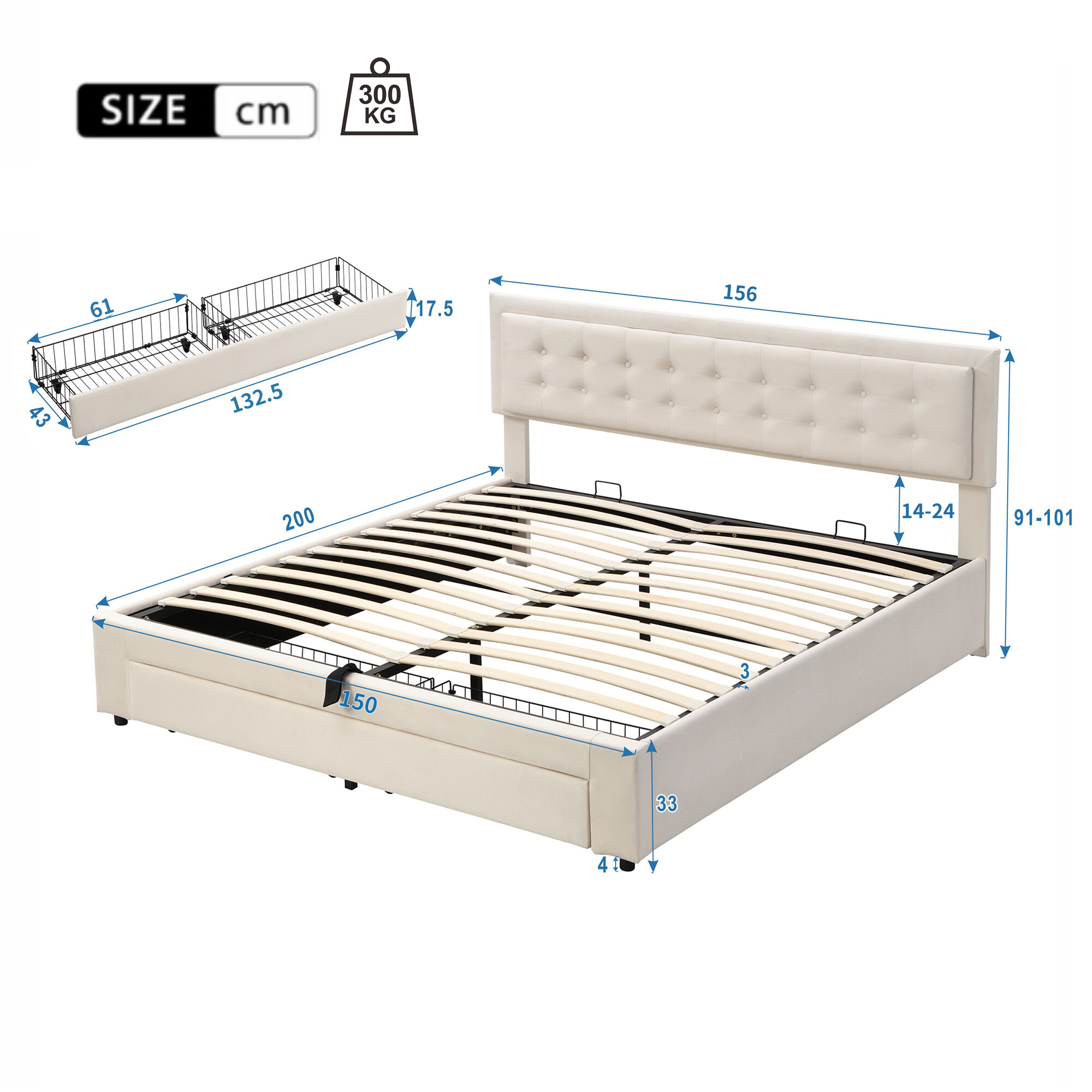 Upholstered Bed, King Size 150x200cm with Large Storage, Slats and Headboard, Velvet Fabric, Cream