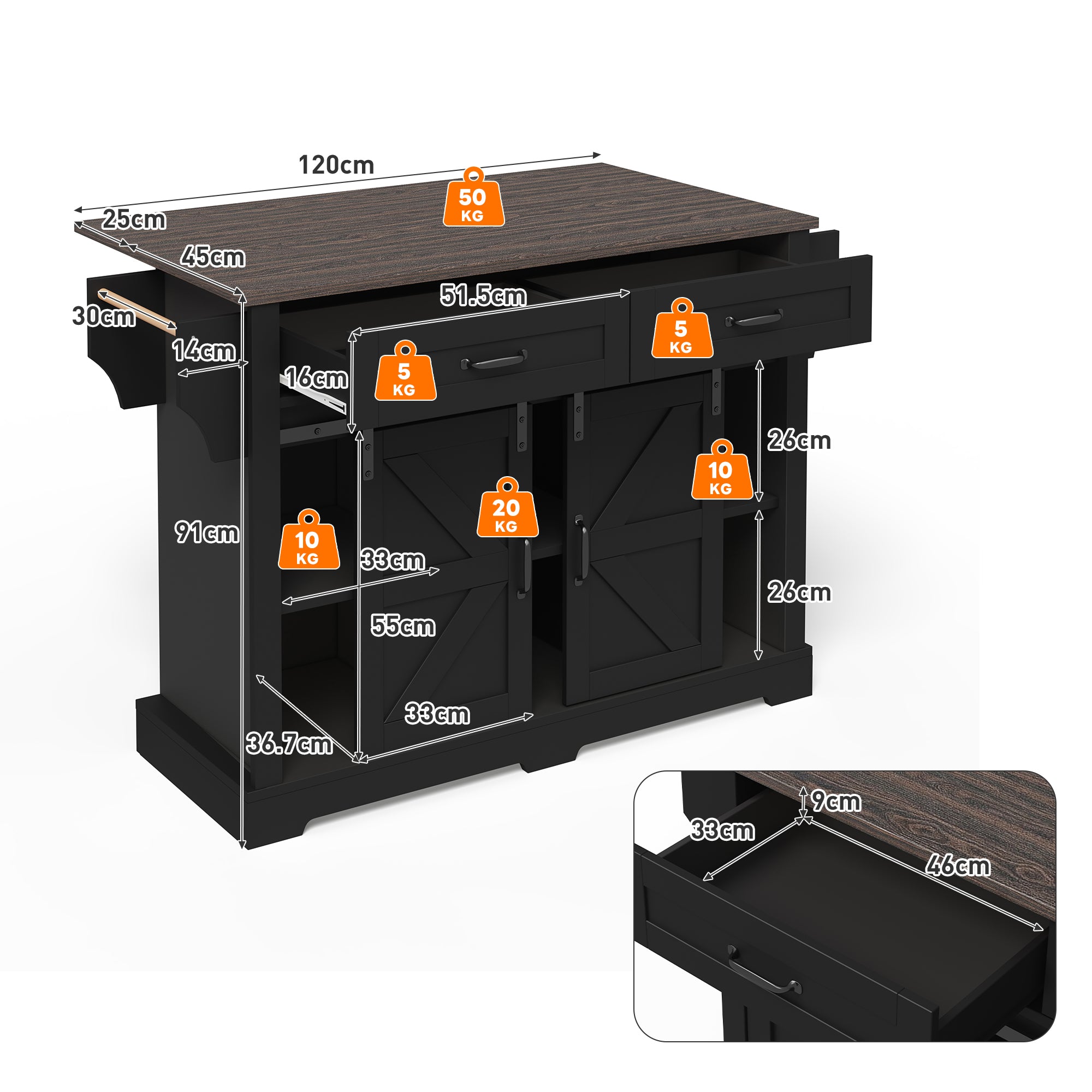 Kitchen Island with Fold-Down Worktop and Sliding Barn Doors, Black