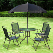 6 Piece Garden Dining Set with Umbrella, 4 Folding Chairs & Round Glass Table, Black