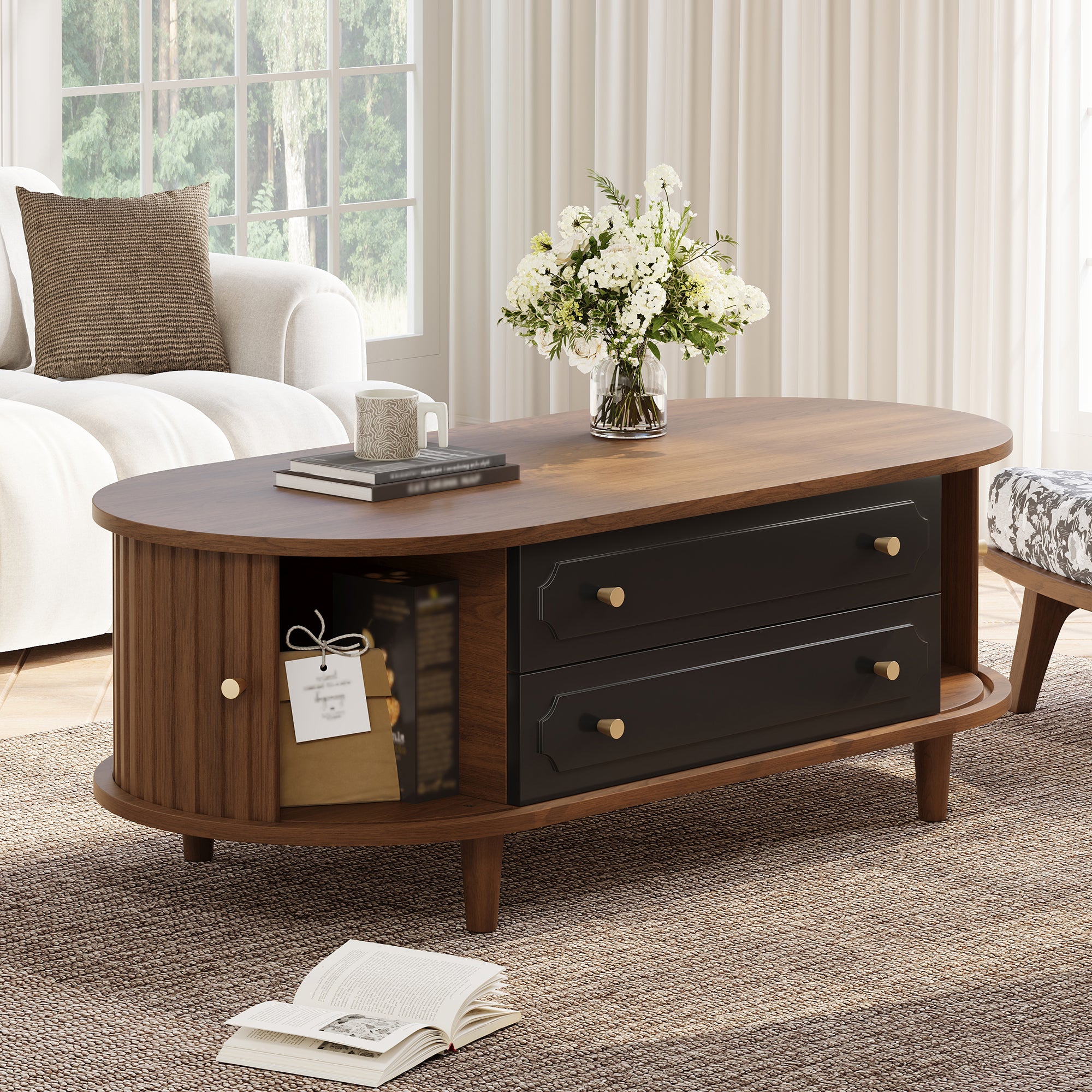 Coffee Table with 2 Drawers and Roll-up Doors, Walnut and Black