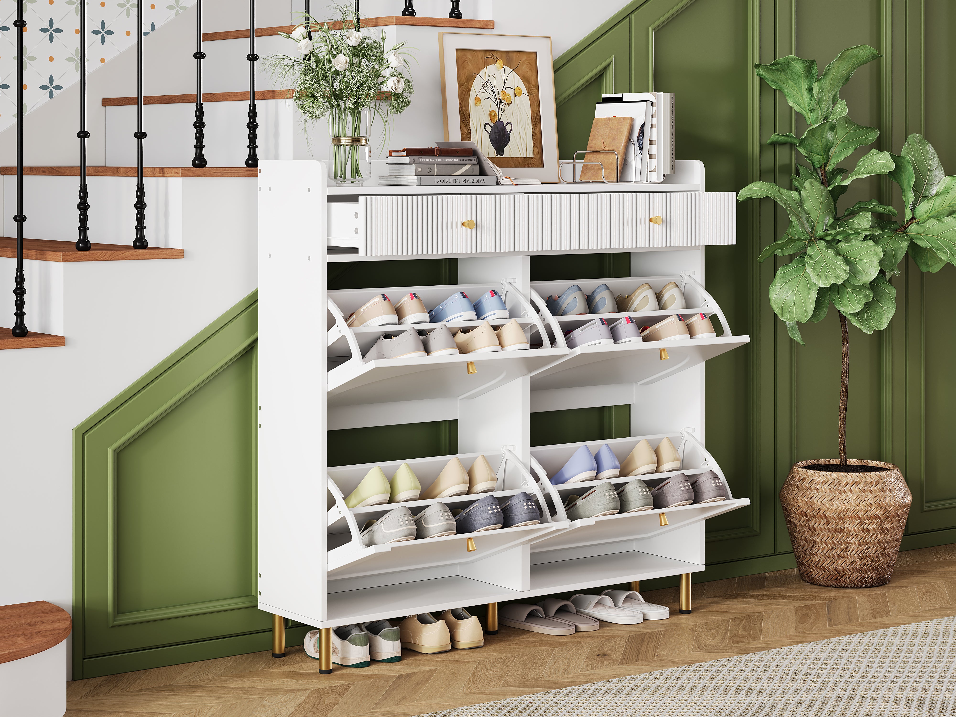 Shoe Cabinet Narrow 4 Hinged Doors 2 Drawers Metal Handles White