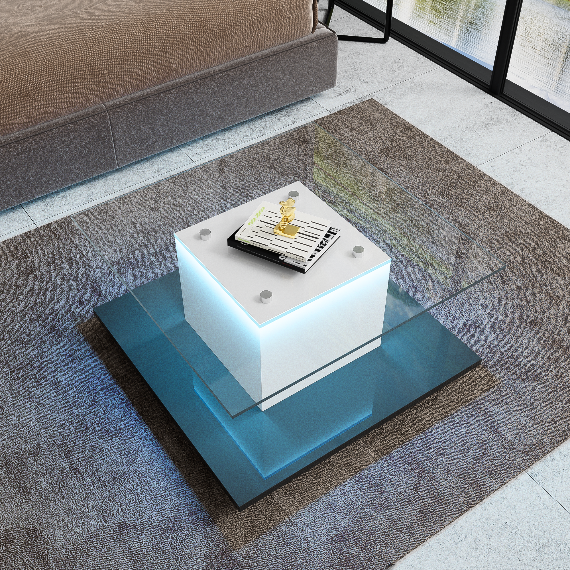Coffee Table, High-Gloss Glass with Swivel Wheels
