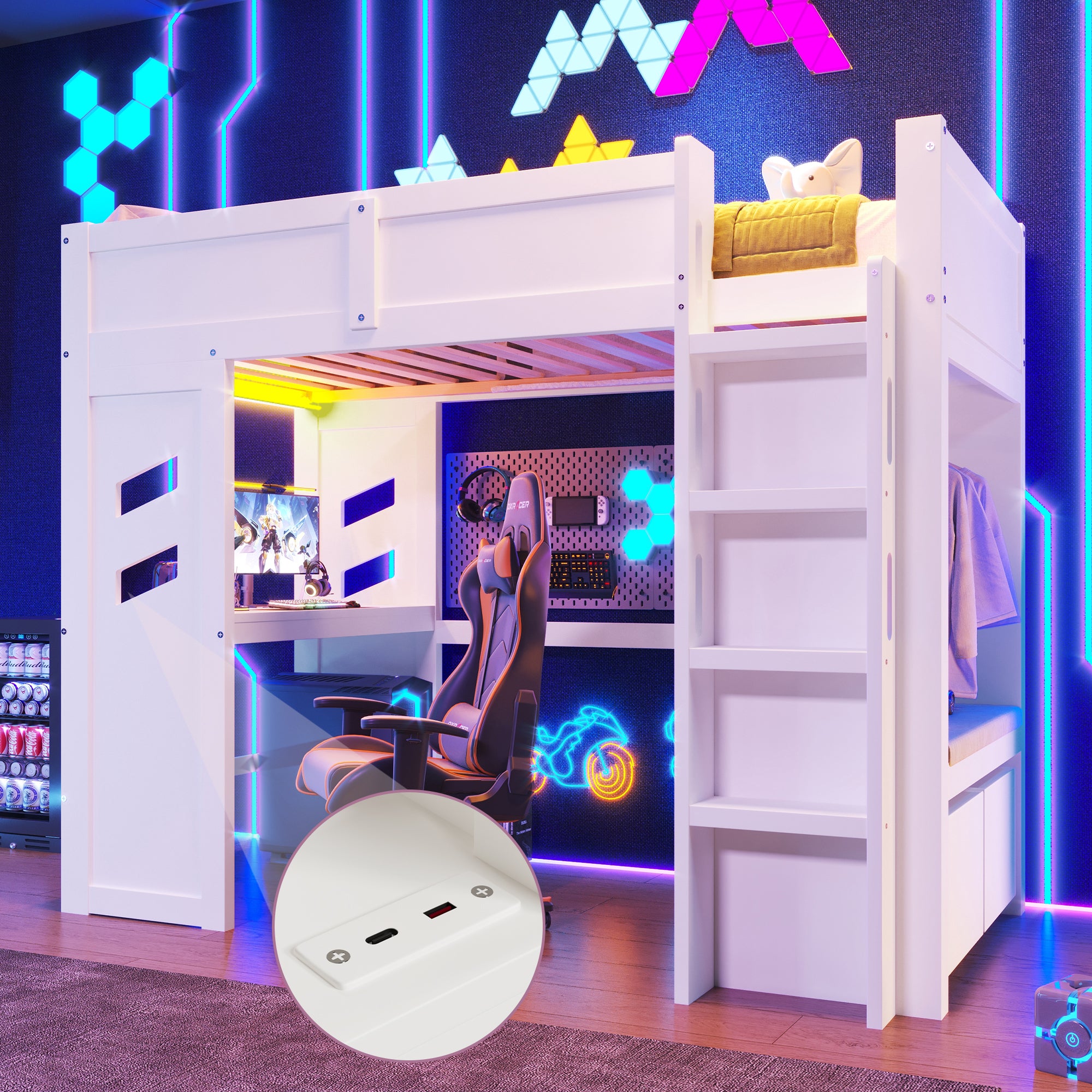 Loft Bed 90x200cm Gaming Desk LED Lights USB/Type-C, White