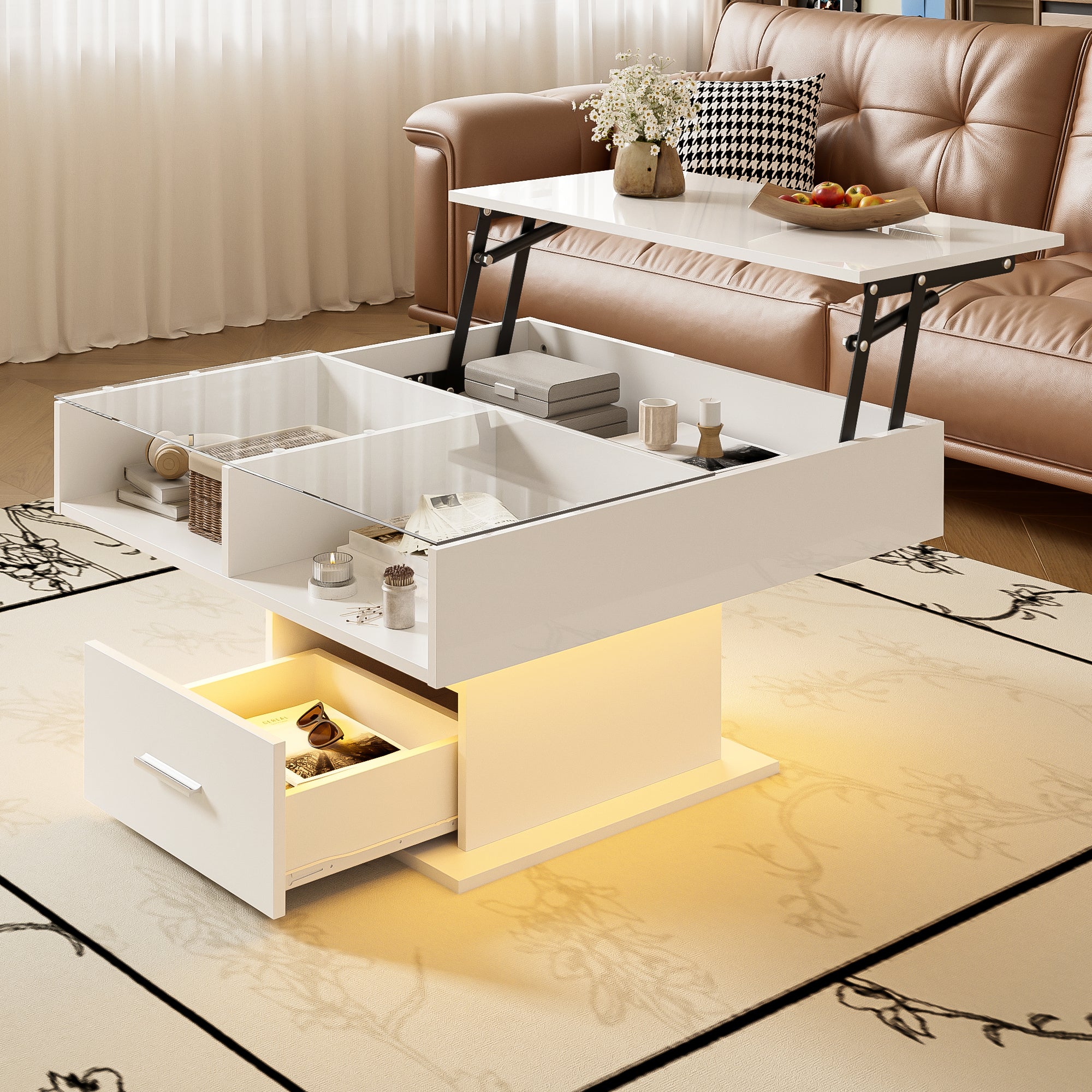 Multifunctional high-gloss lift coffee table with LED lighting, adjustable height & flexible storage space, modern design