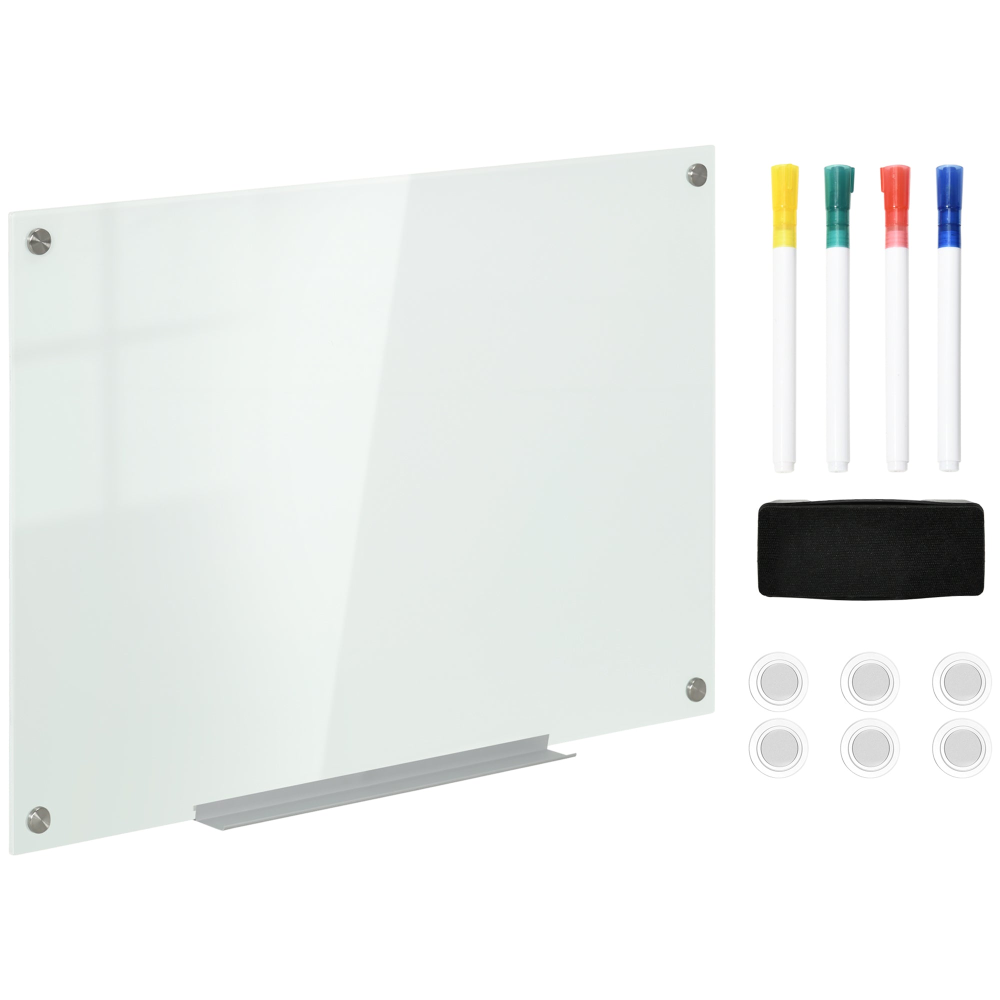 Vinsetto Whiteboard Magnetic Board 90x60cm with 4 pens, 6 magnets, 1 sponge and tray, Easel glass board for wall mounting