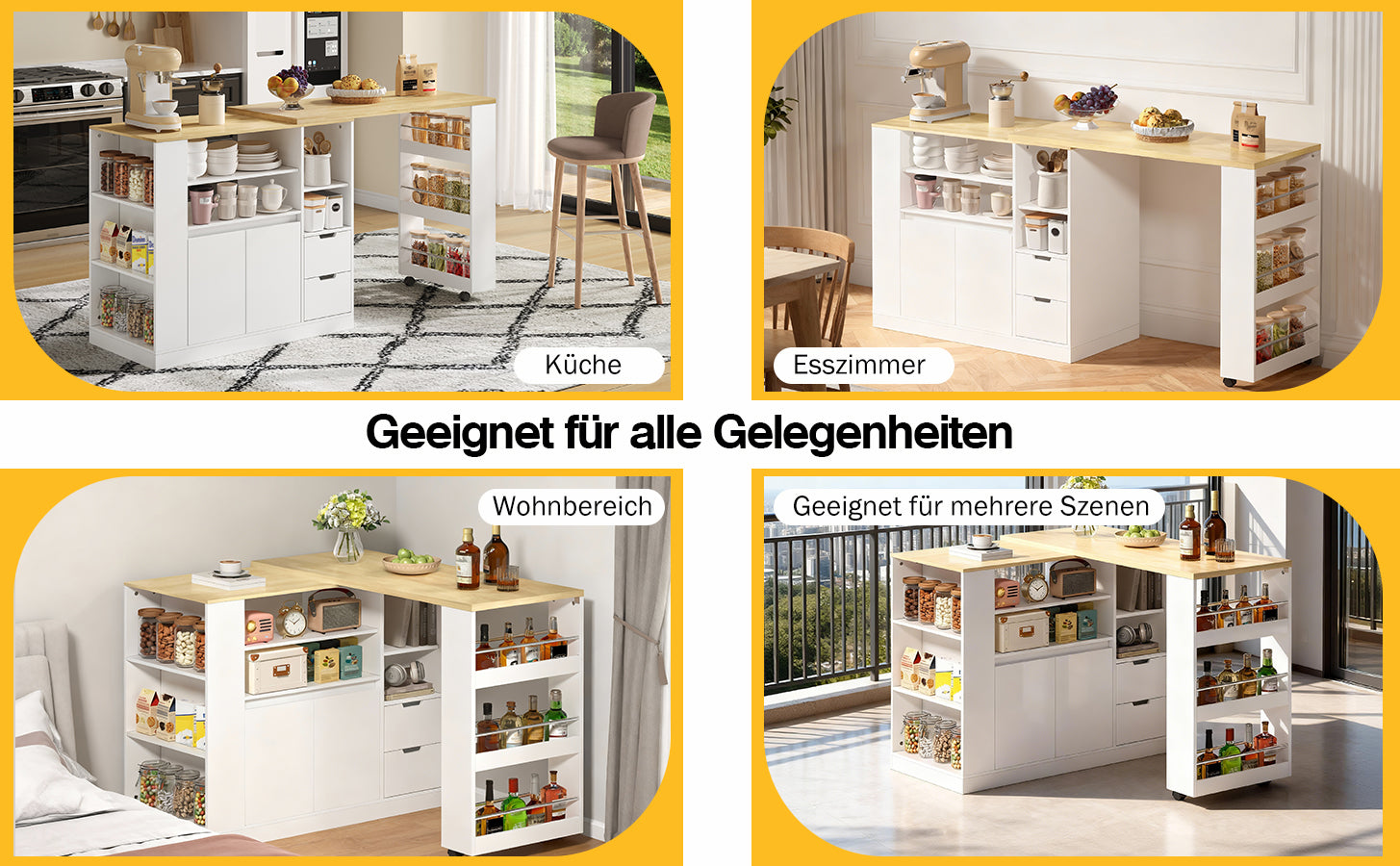 Kitchen Island with Extendable Worktop and Storage Shelves, Wood Look