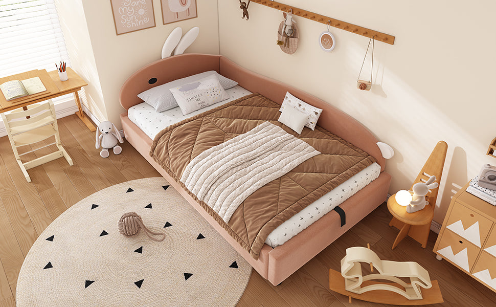 Upholstered Bed, Single Children's with Bunny Headboard & Hydraulic Storage, Velvet Pink+White