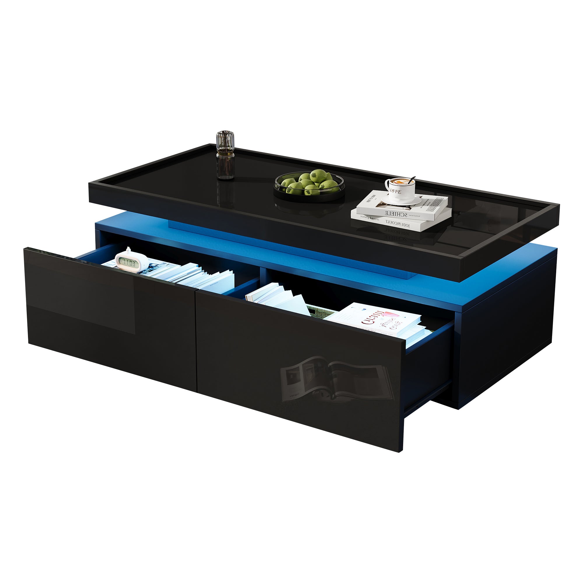 Coffee Table 95x45x35cm, LED, 2 Drawers, High-Gloss, Black