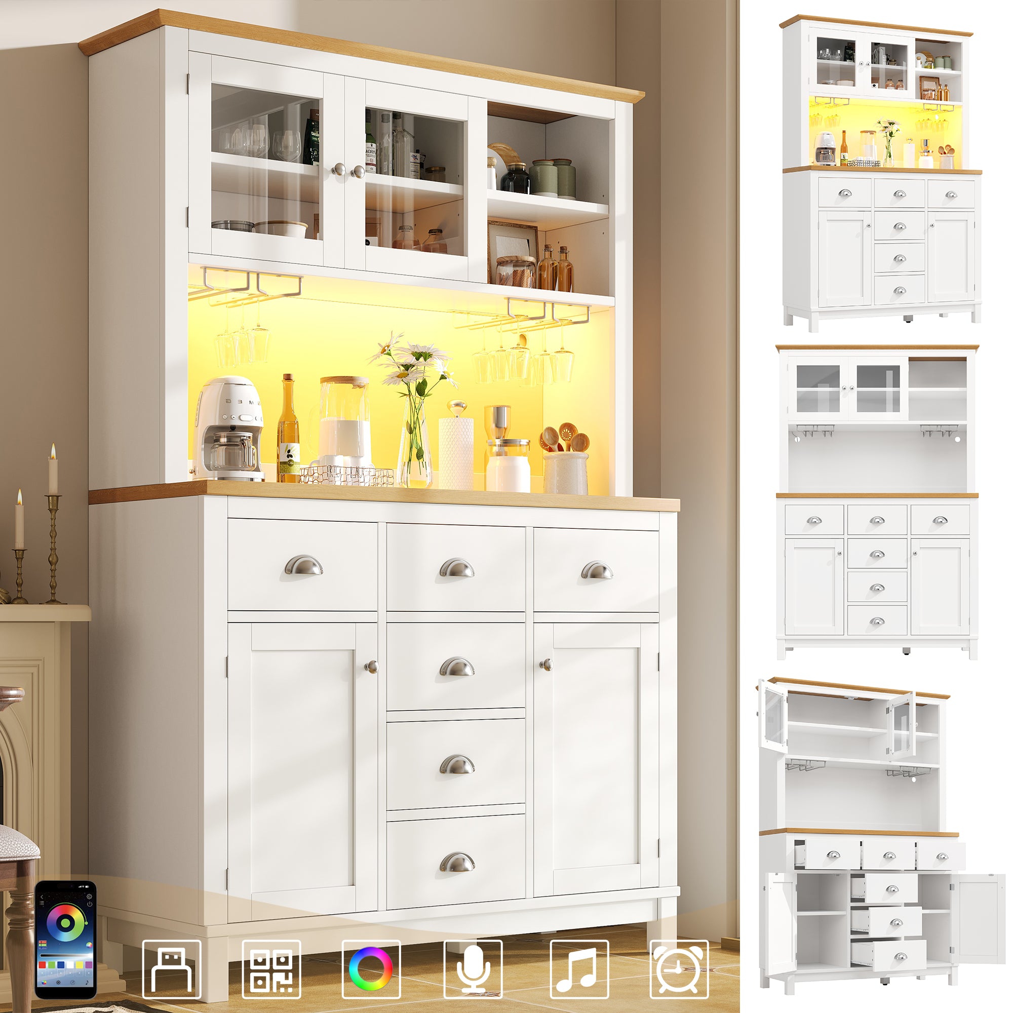 Sideboard Buffet Cabinet with 4 Doors and LED Light Strip, Green and White