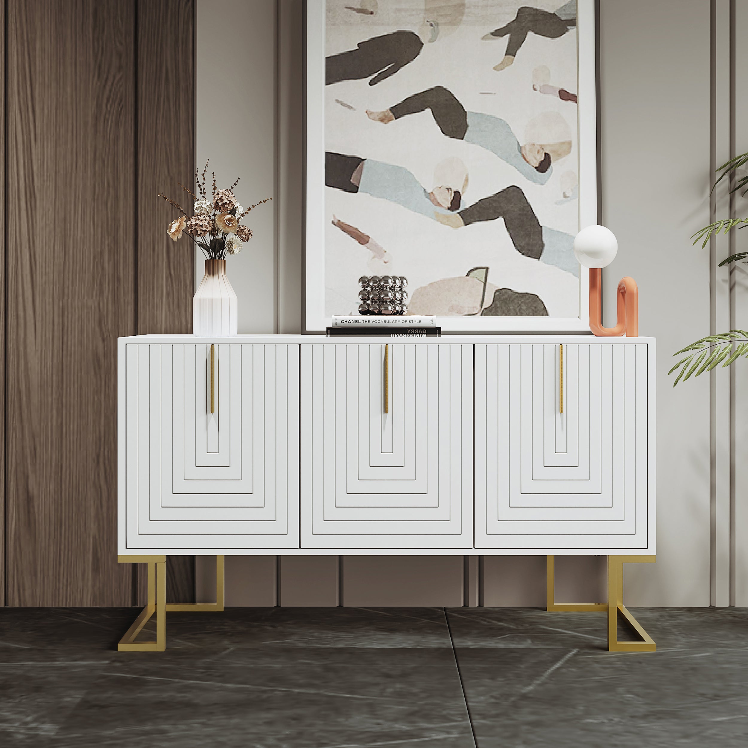 Sideboard, 3-Door with Adjustable Shelves, U-Shaped Cabinet Doors, Metal Handles, White