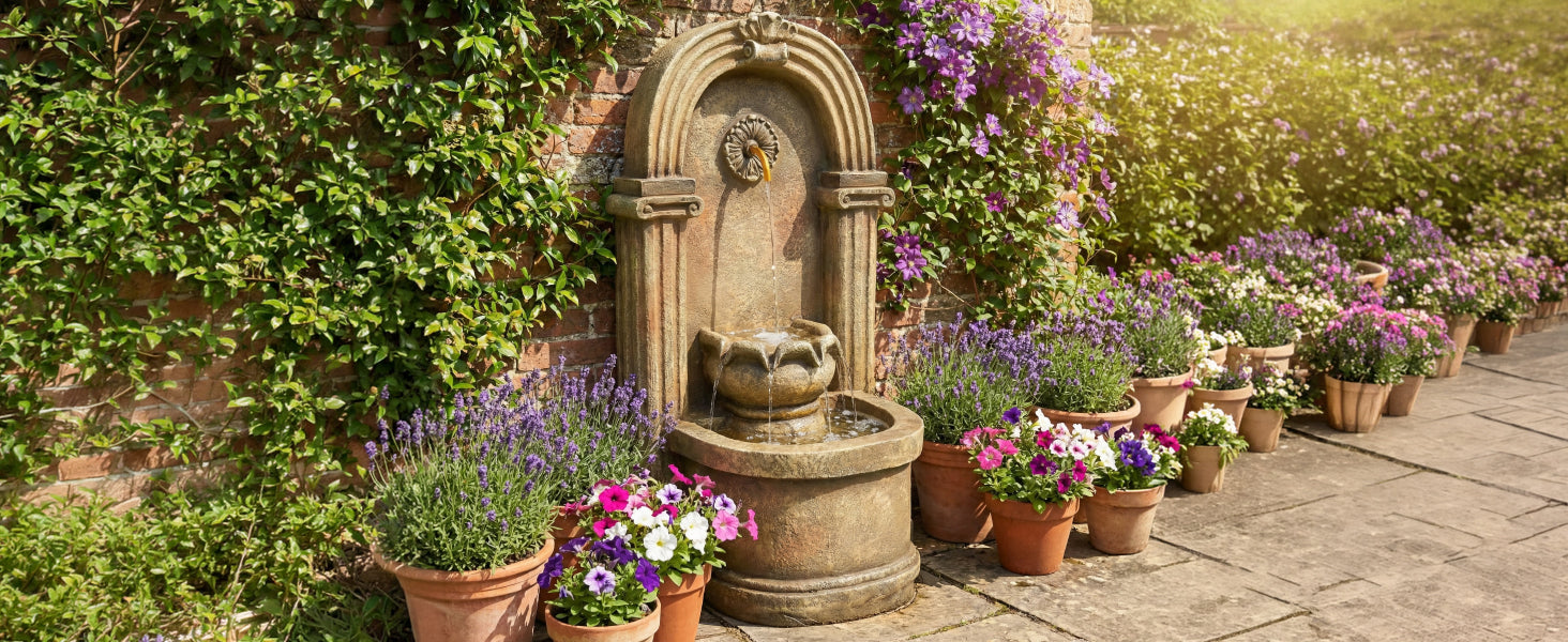 Garden Fountain with 230V Waterfall and Arched Design, Antique Style Metal