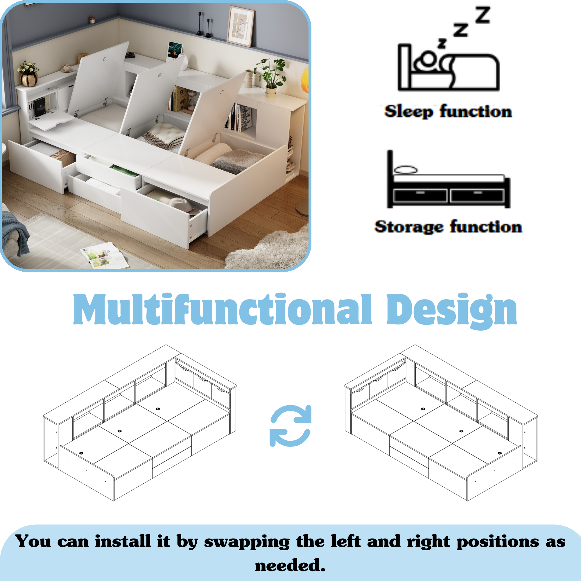 Children's Bed, Single 3ft Multifunctional with Drawers, Bookcase, and Storage - White