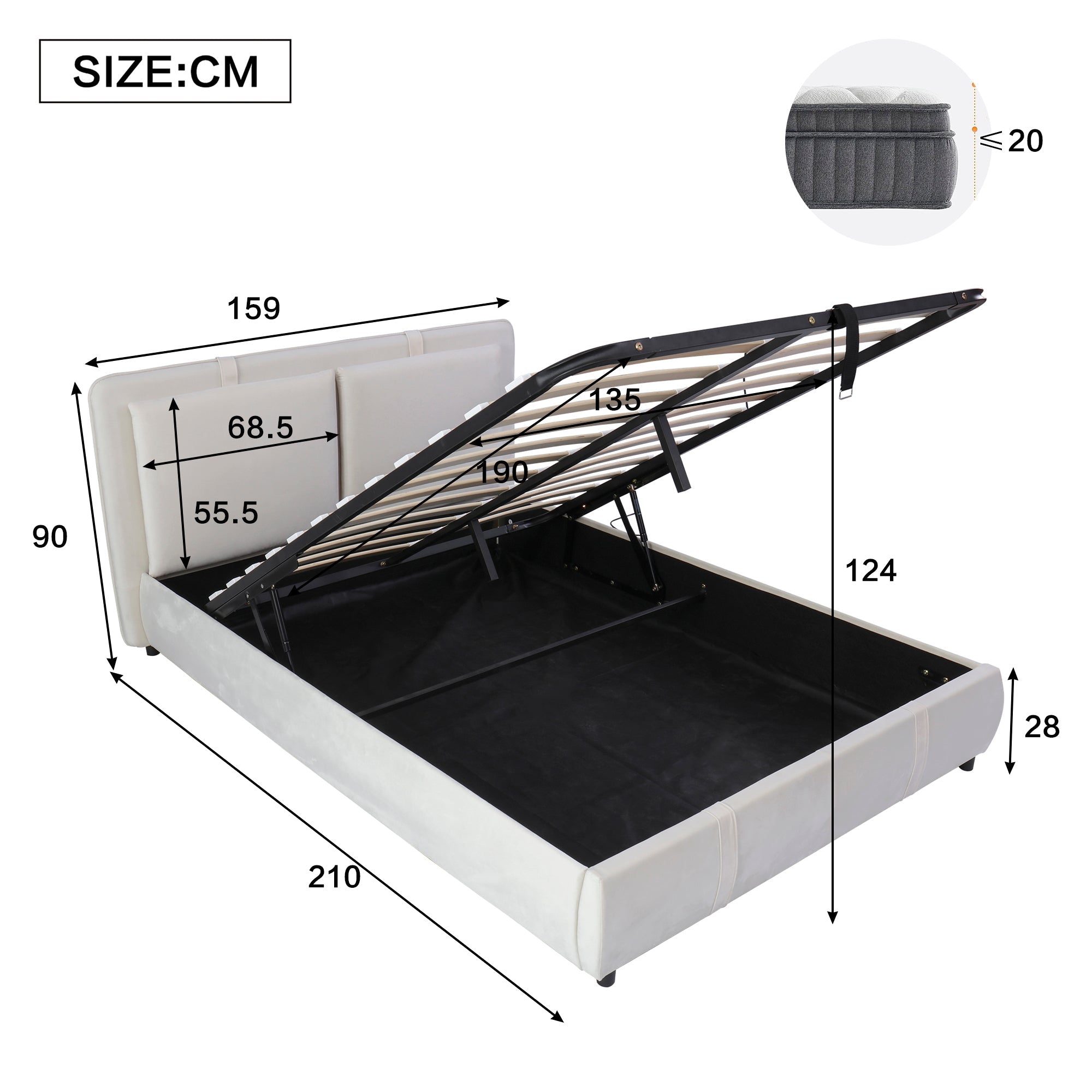 Upholstered Bed, Hydraulic Storage Function, 4ft6 Double 135x190cm, Durable, Sturdy, Removable Soft Headboard Backrest, Velvet Plywood Beige