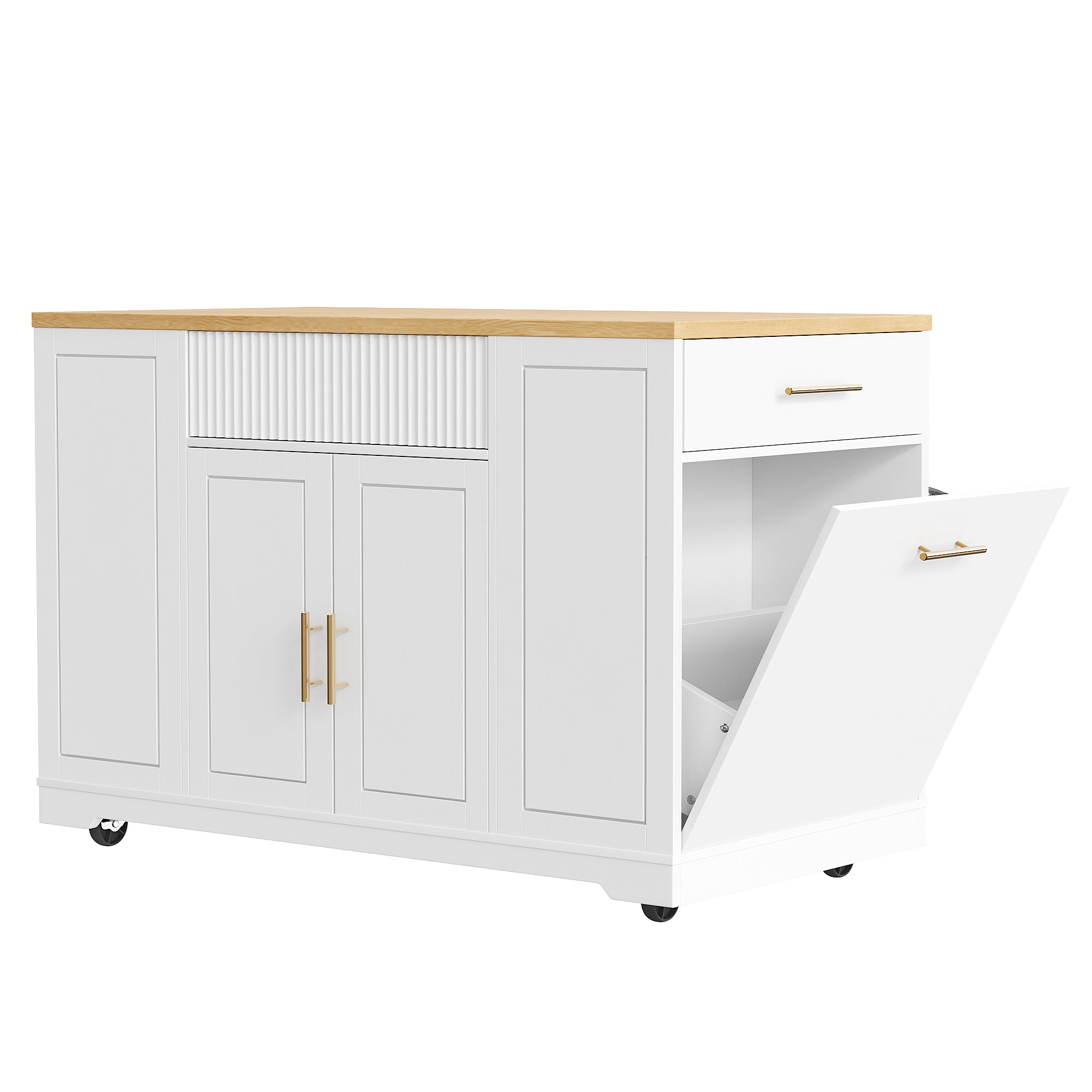 Kitchen Island with Wheels Waste Bin Storage 2 Doors 3 Drawers