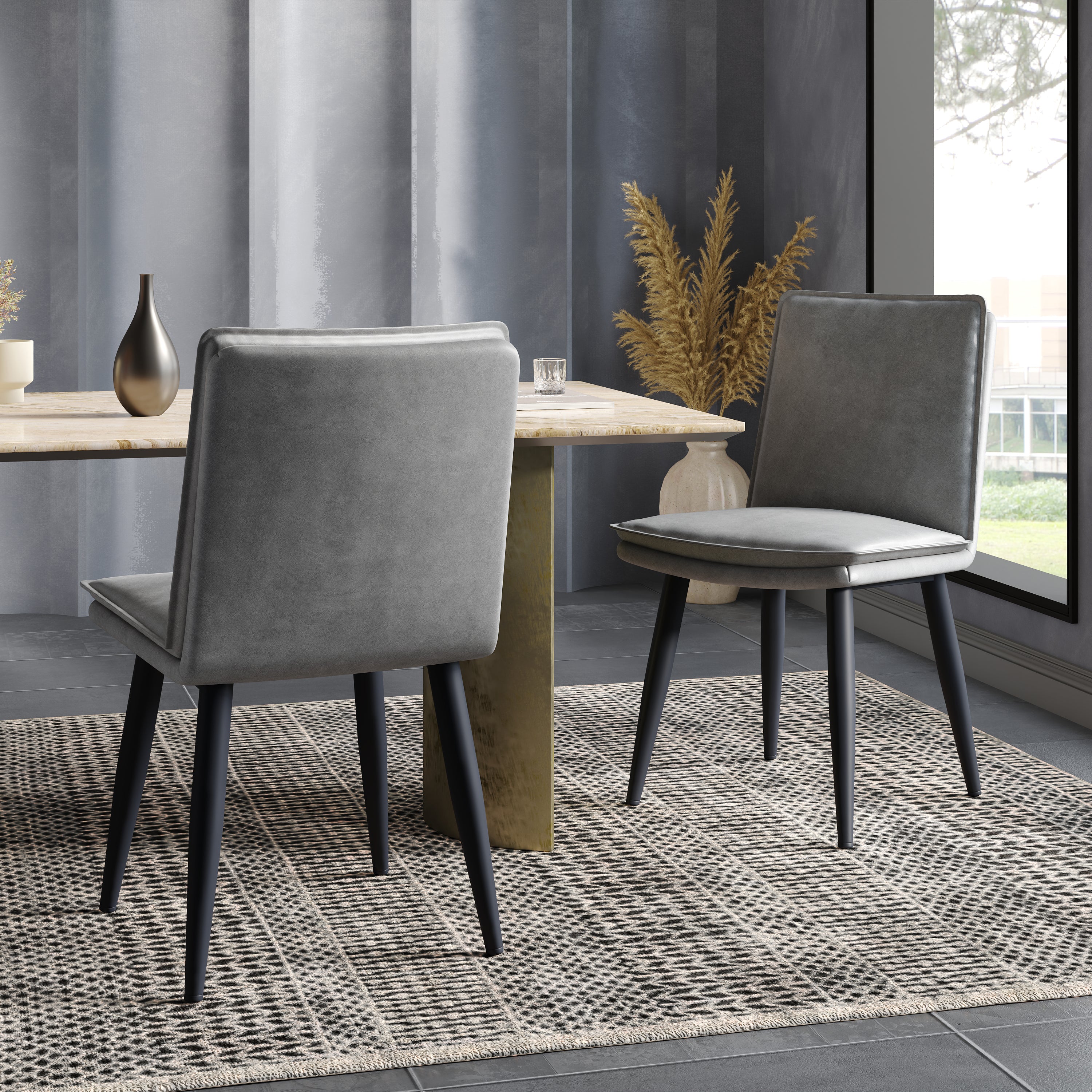 6 Dining Chairs, Double-Layered Cushions Modern Style, PU Grey
