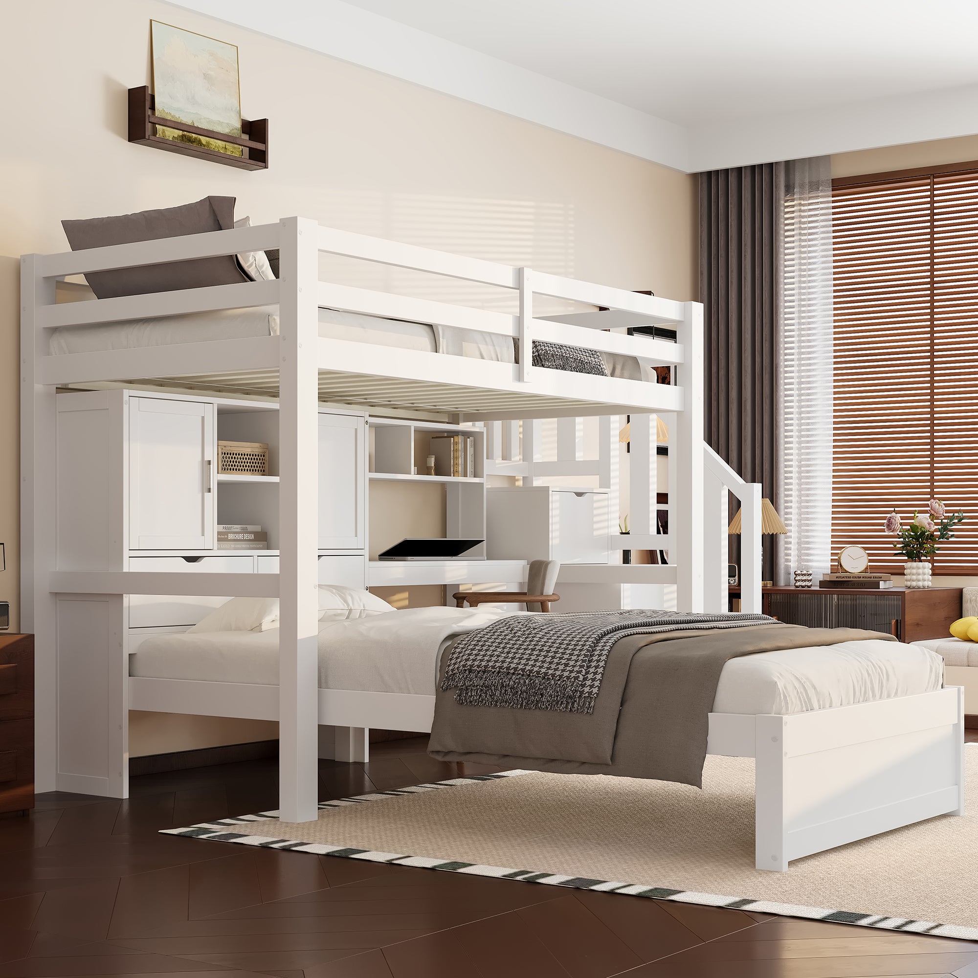 Loft Bed 90x200cm Desk Stairs Storage Shelves - White