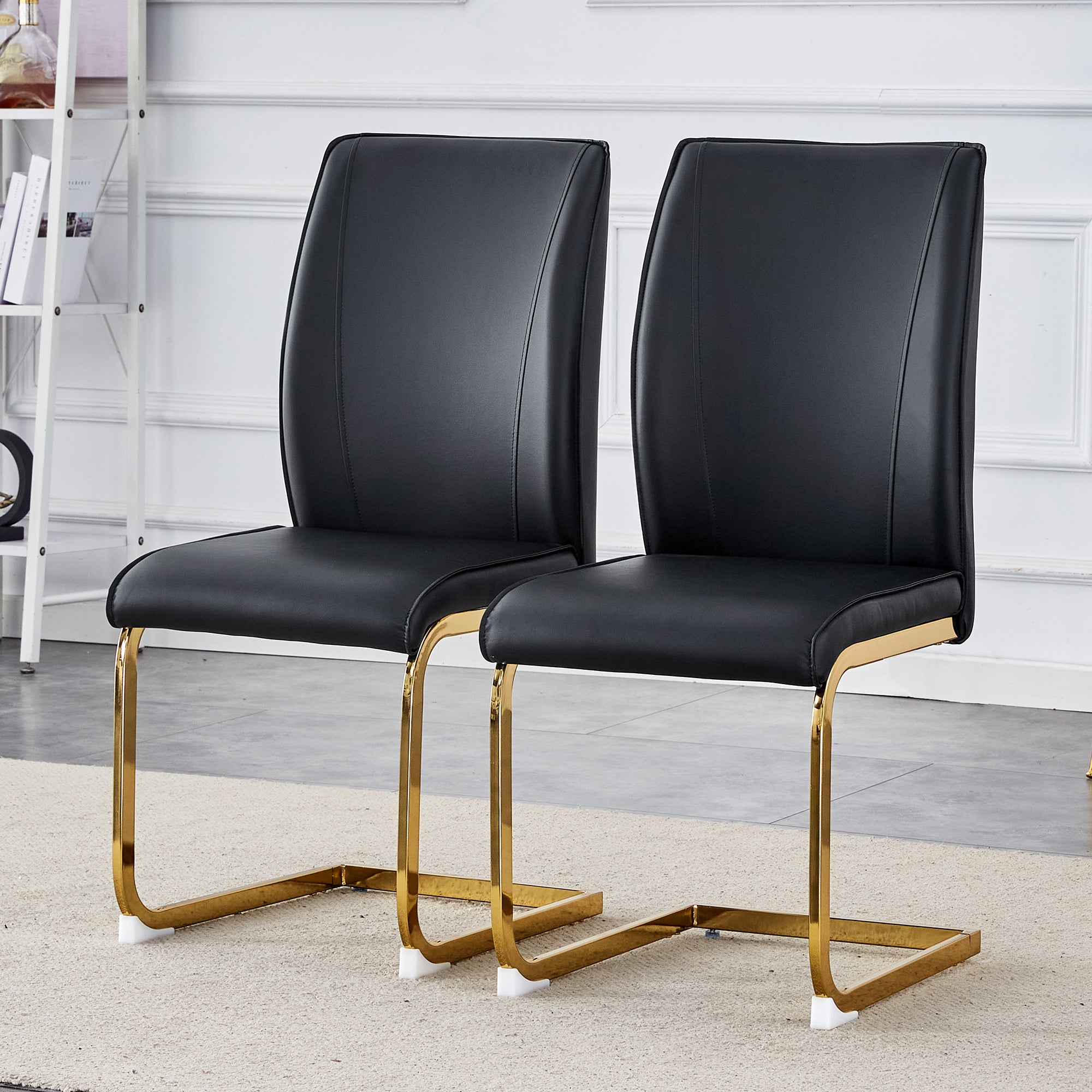 Dining Chairs, Elegant European Design Comfort Cushions Golden Metal Black PU