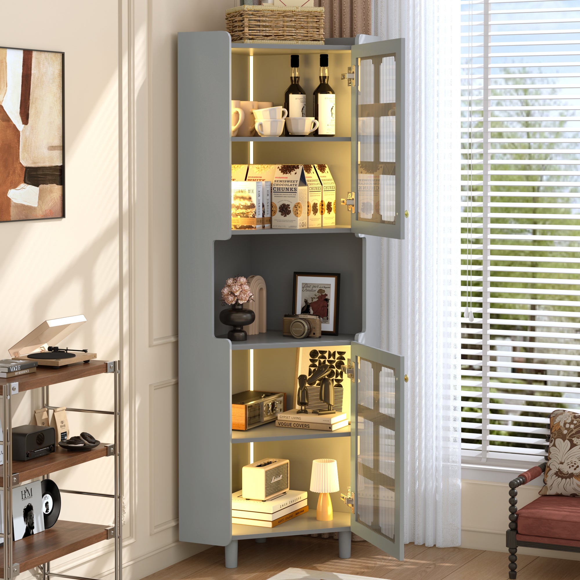 Corner Cabinet Multifunctional Storage LED Lacquer - Grey