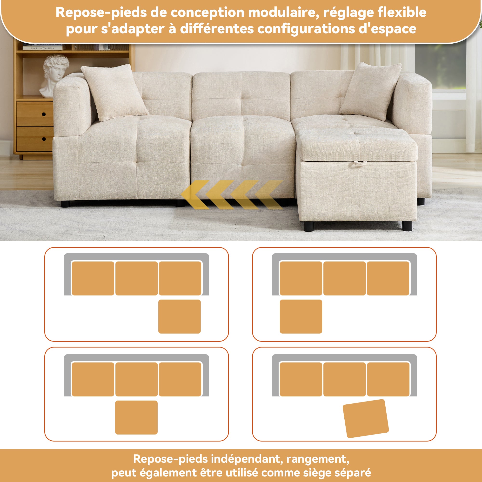 Sofa, 3-Seater L-Shaped Corner with Storage & Removable Footstool, 2 Cushions