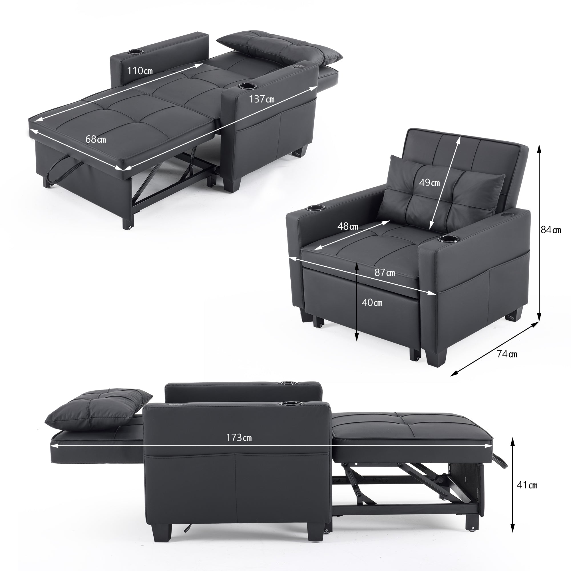 Sofa Bed, 3-in-1 Pull-Out with Cup Holders & USB Port