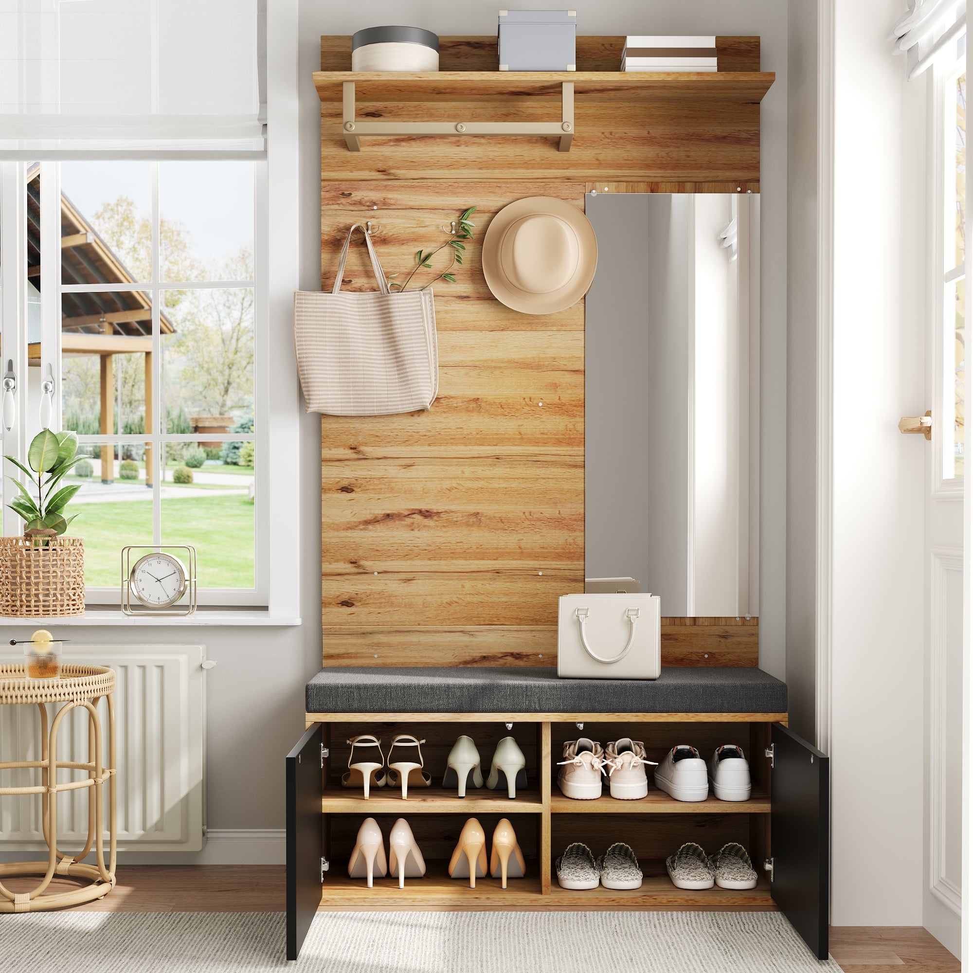 Wardrobe Set Compact Hallway Unit with Mirror, Cushions, and Shoe Cabinet, 100x190x38 cm