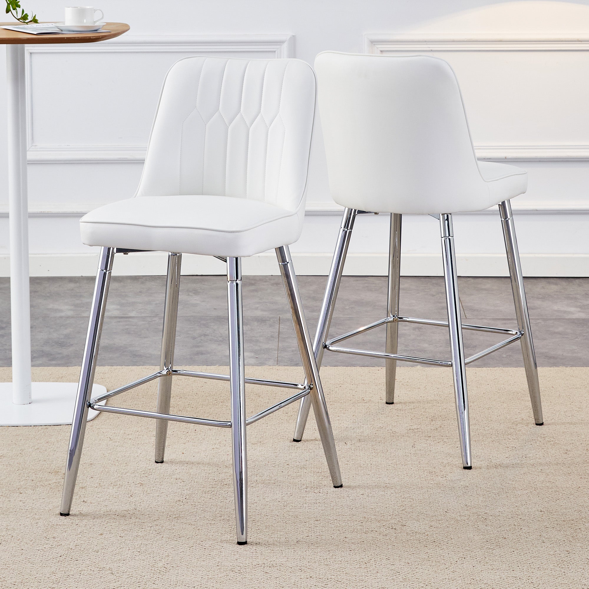 Set of 2 Bar Stools, 100cm High with Footrest, White PU Leather