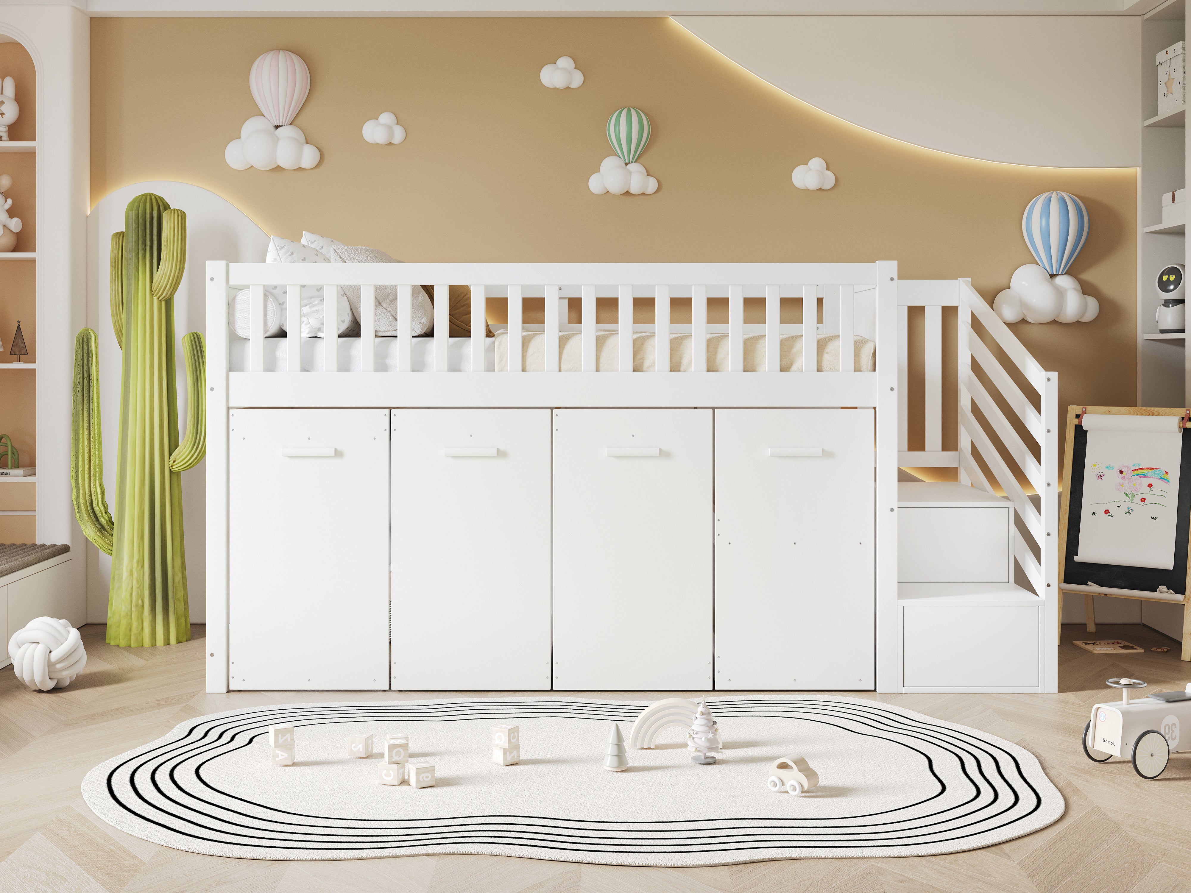 Bunk Bed, Multifunctional Children's with Desk, Wardrobe, Lockers, Pine + MDF White