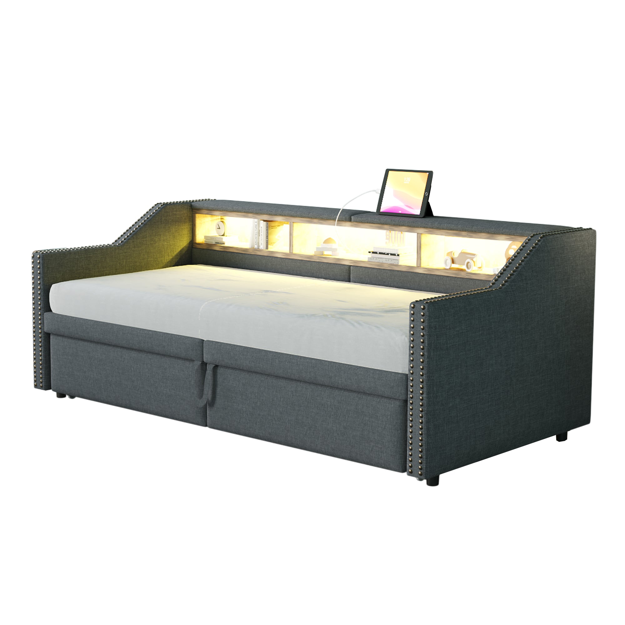 Upholstered Bed, Pull-Out Sofa Bed with Storage, LED Light, USB Port, Slatted Frame, Dark Grey