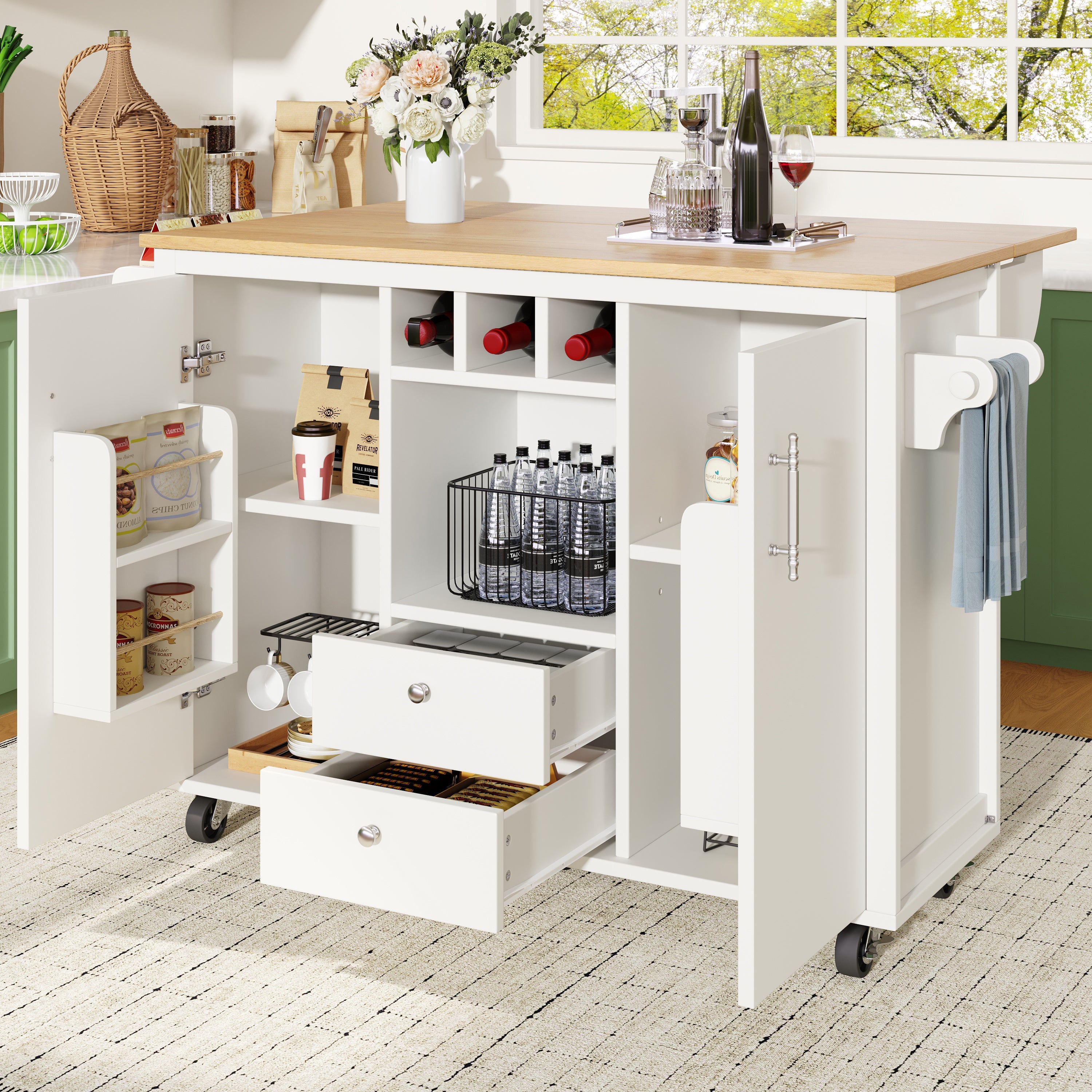 Kitchen cart, buffet cabinet, kitchen trolley with folding worktop, Kitchen island with towel rack and spice rack, wine rack and adjustable shelves, white