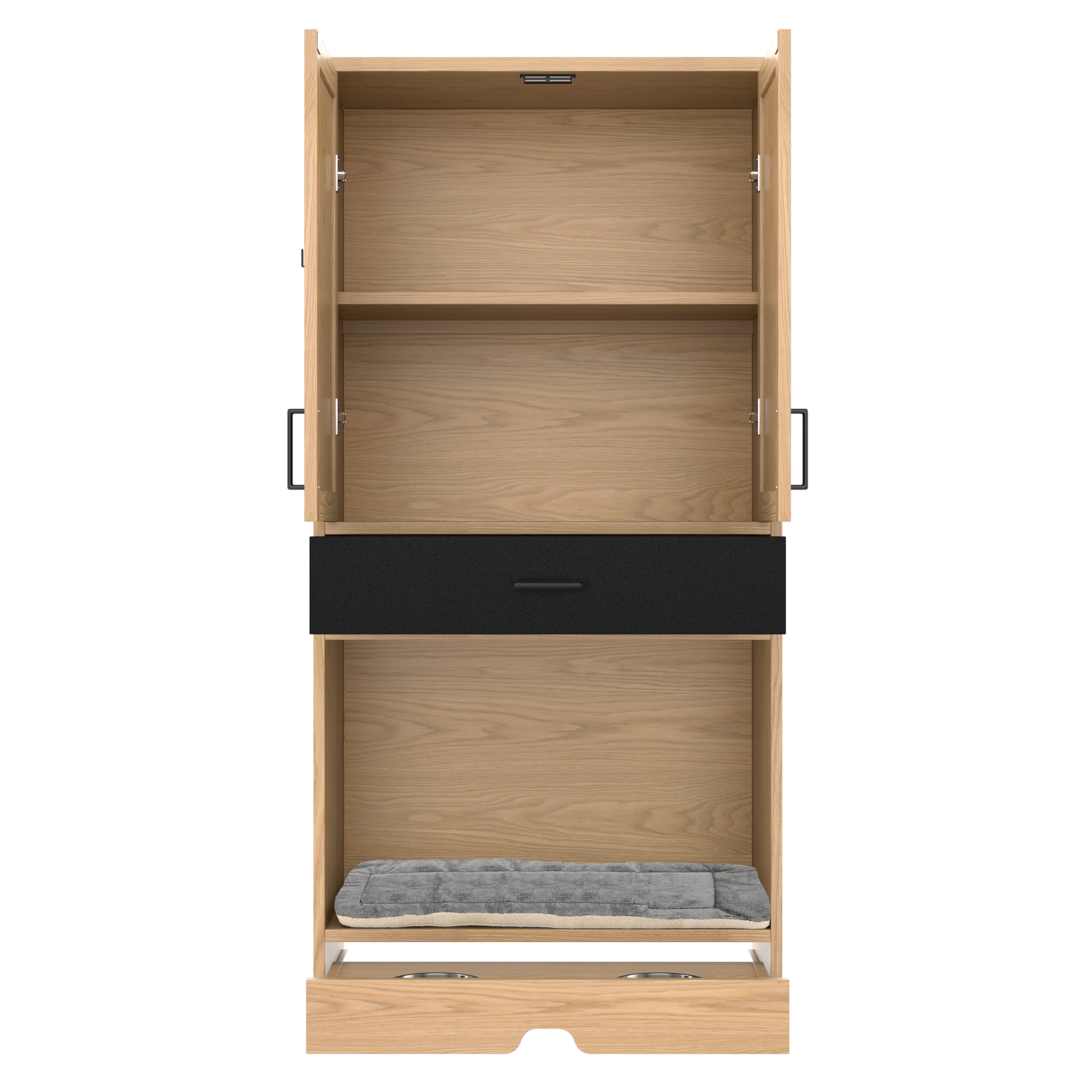 Pet Cabinet, Multifunctional with Feeding Station, Dog Bed, Storage, Hooks, Oak Look