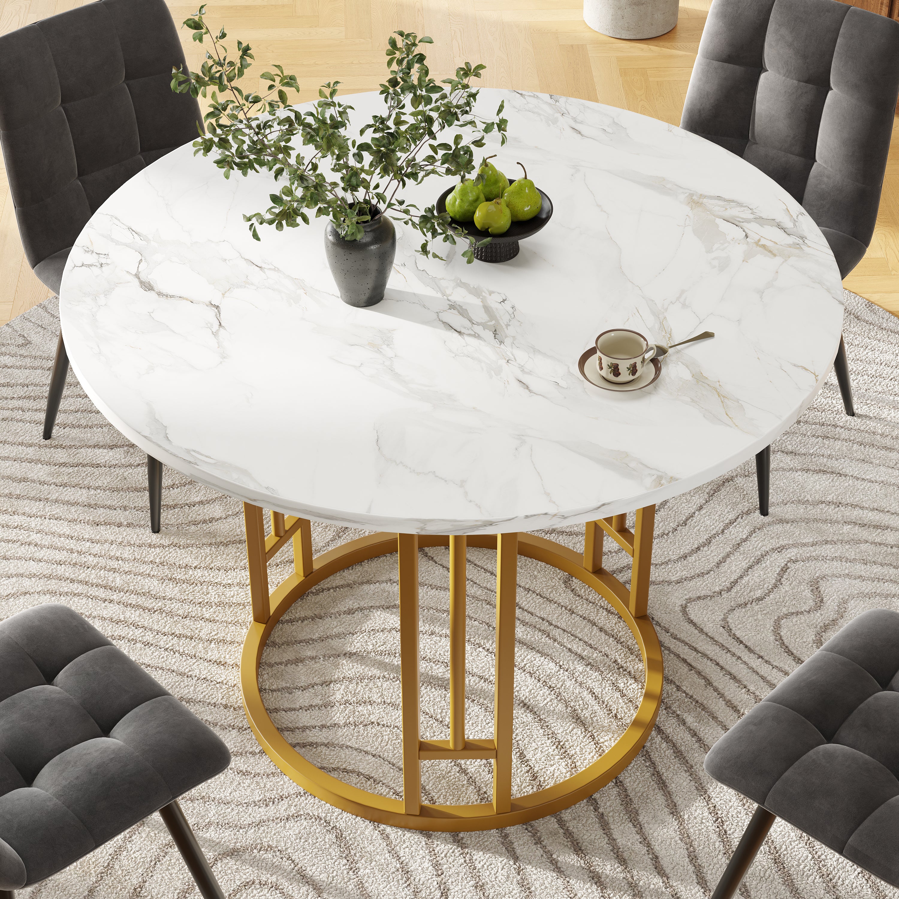 Dining Table Set, 5-Piece Round with 4 Chairs, Gold Metal Legs, Grey MDF Marble